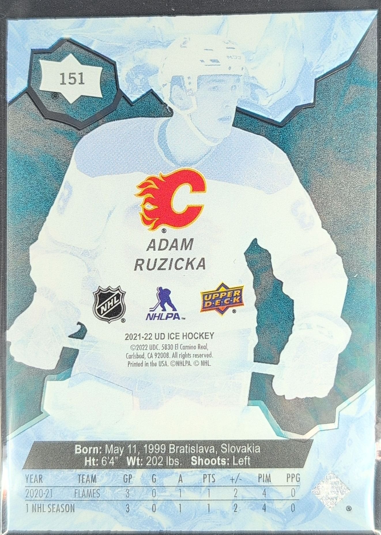Adam Ruzicka 2021-22 Upper Deck Ice #151 Blue Rookie RC Calgary Flames - back image