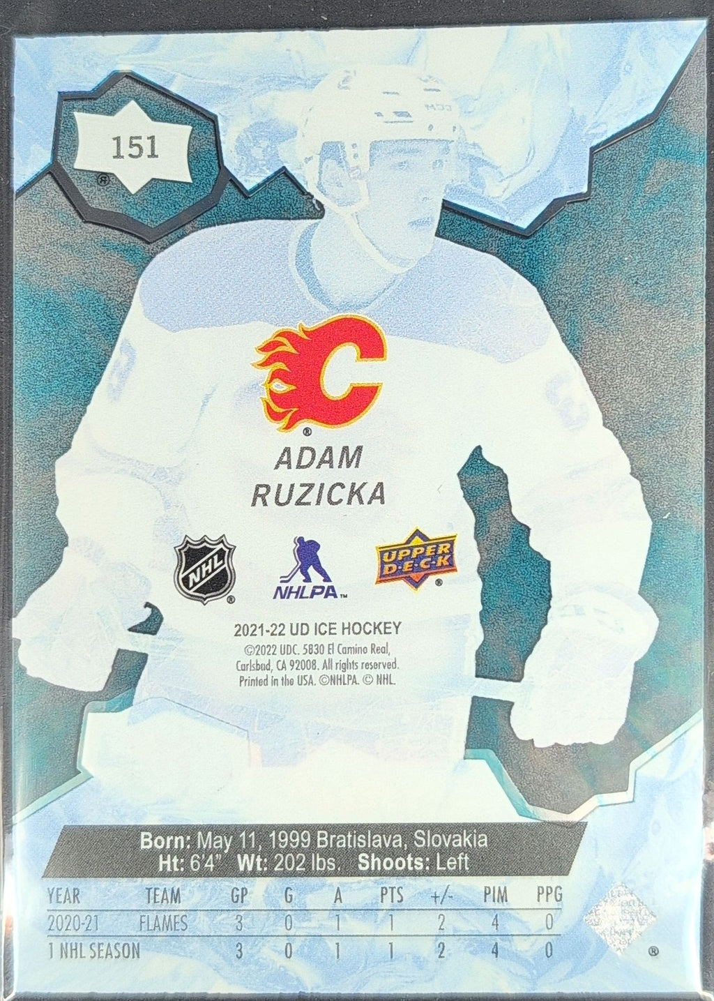 2021-22 Upper Deck Ice Adam Ruzicka #151 Blue SN,RC Calgary Flames back