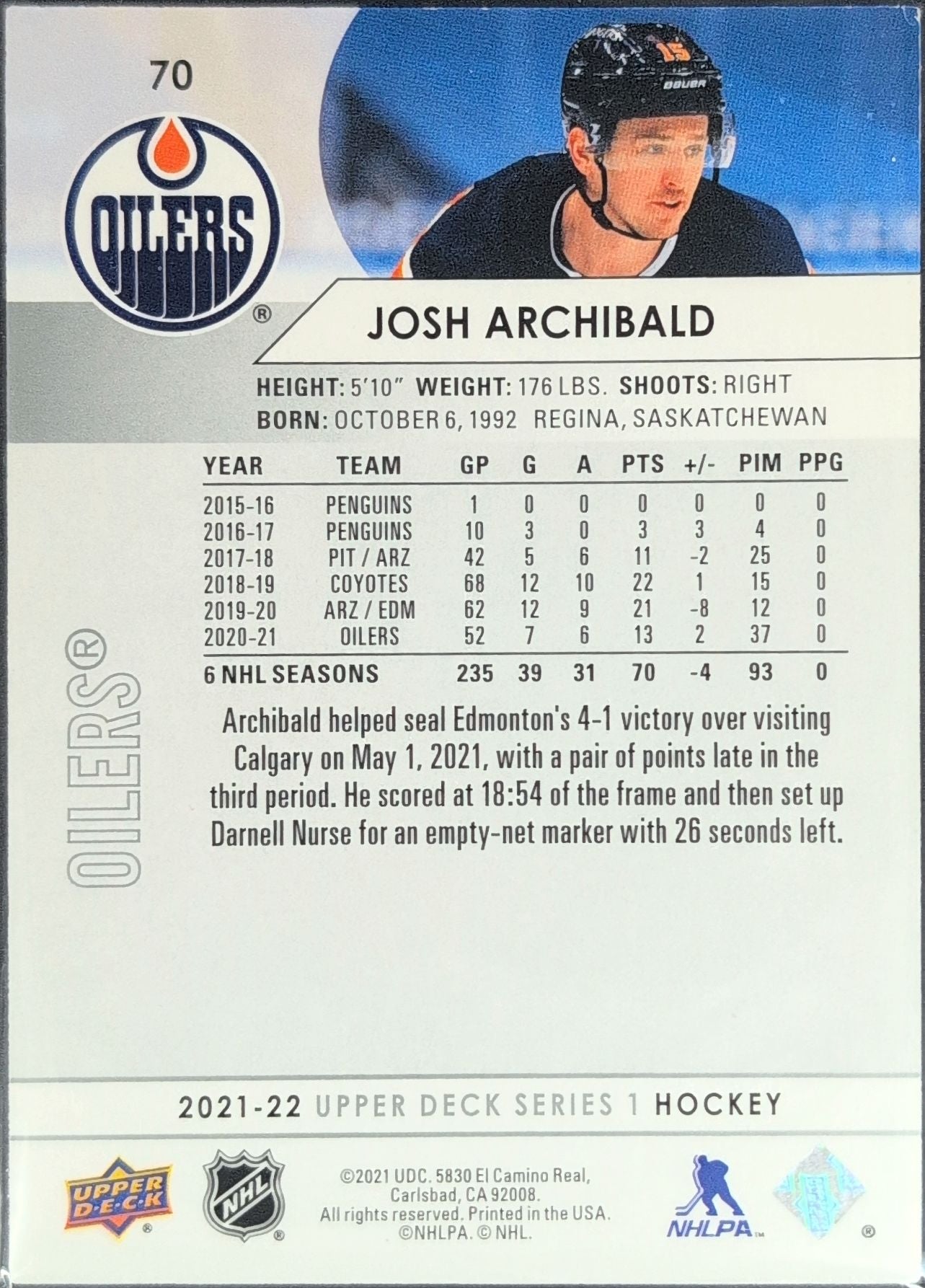 2021-22 Upper Deck Josh Archibald #70 Edmonton Oilers back