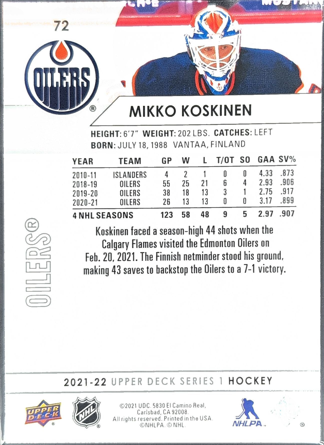 2021-22 Upper Deck Mikko Koskinen #72 Edmonton Oilers back