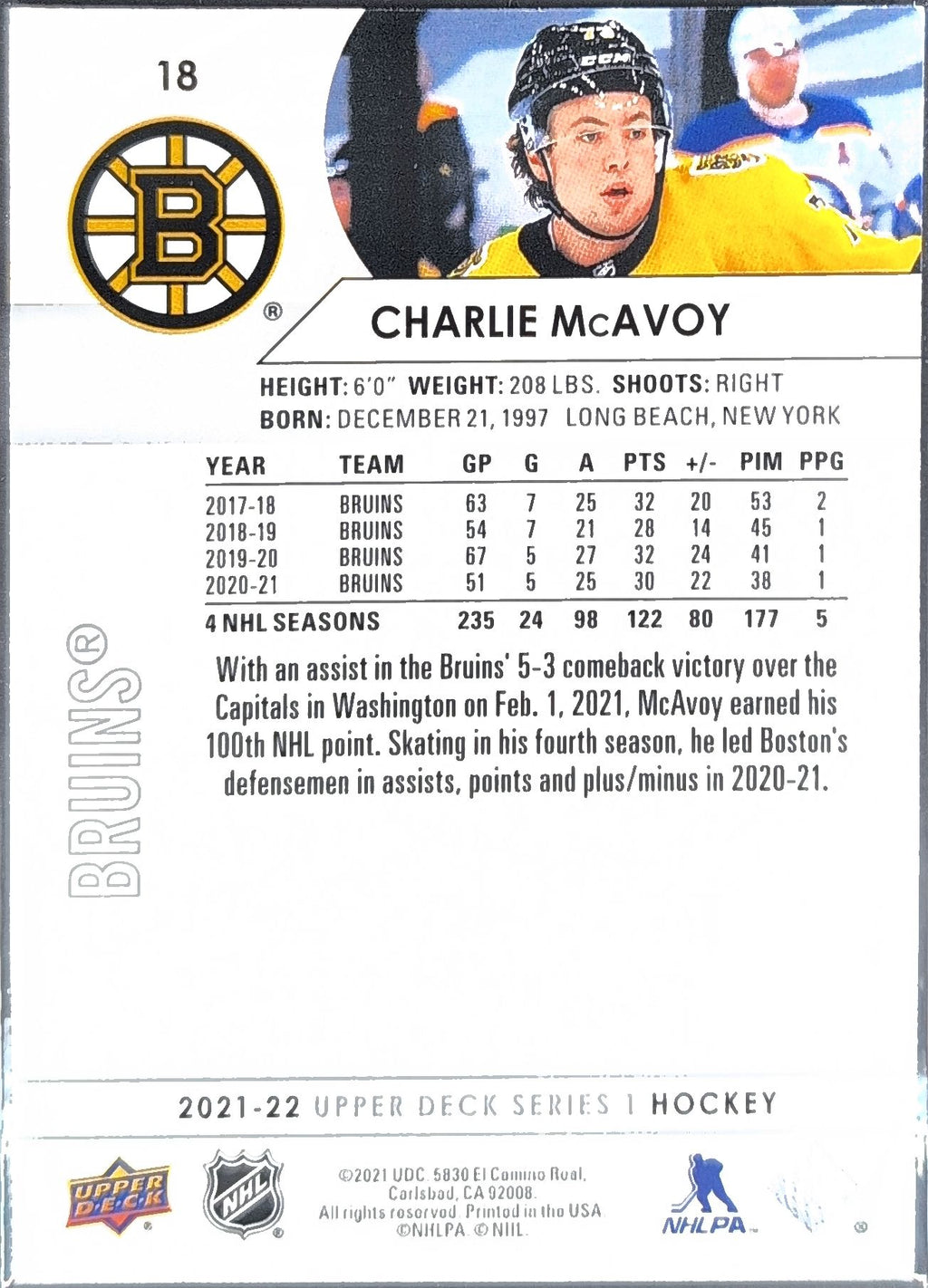 2021-2022 Upper Deck Charlie McAvoy #18 Boston Bruins back