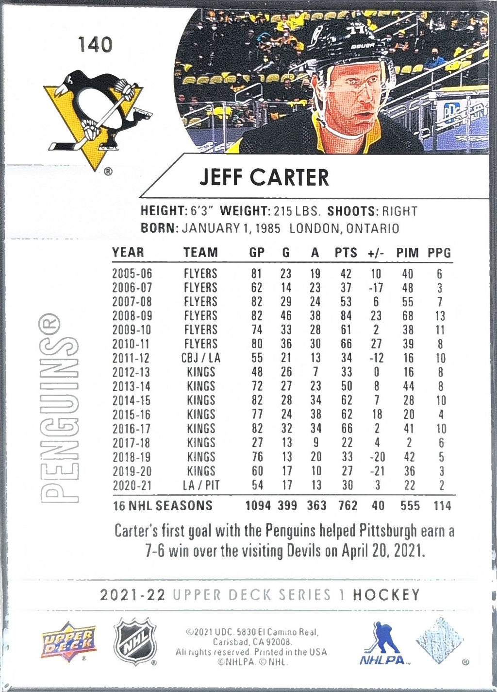 2021-22 Upper Deck Jeff Carter #140 Pittsburgh Penguins back