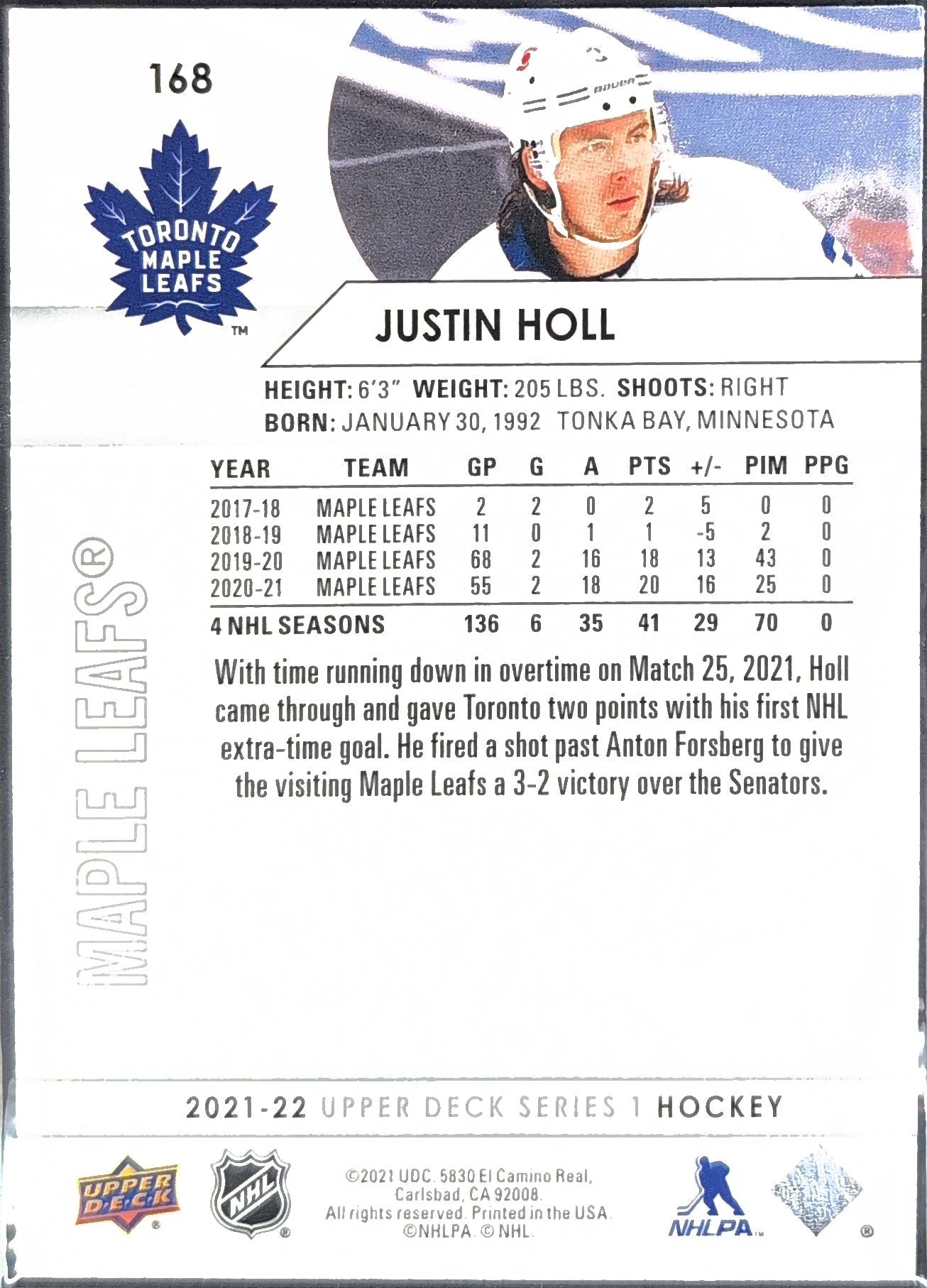 2021-22 Upper Deck Justin Holl #168 Toronto Maple Leafs back