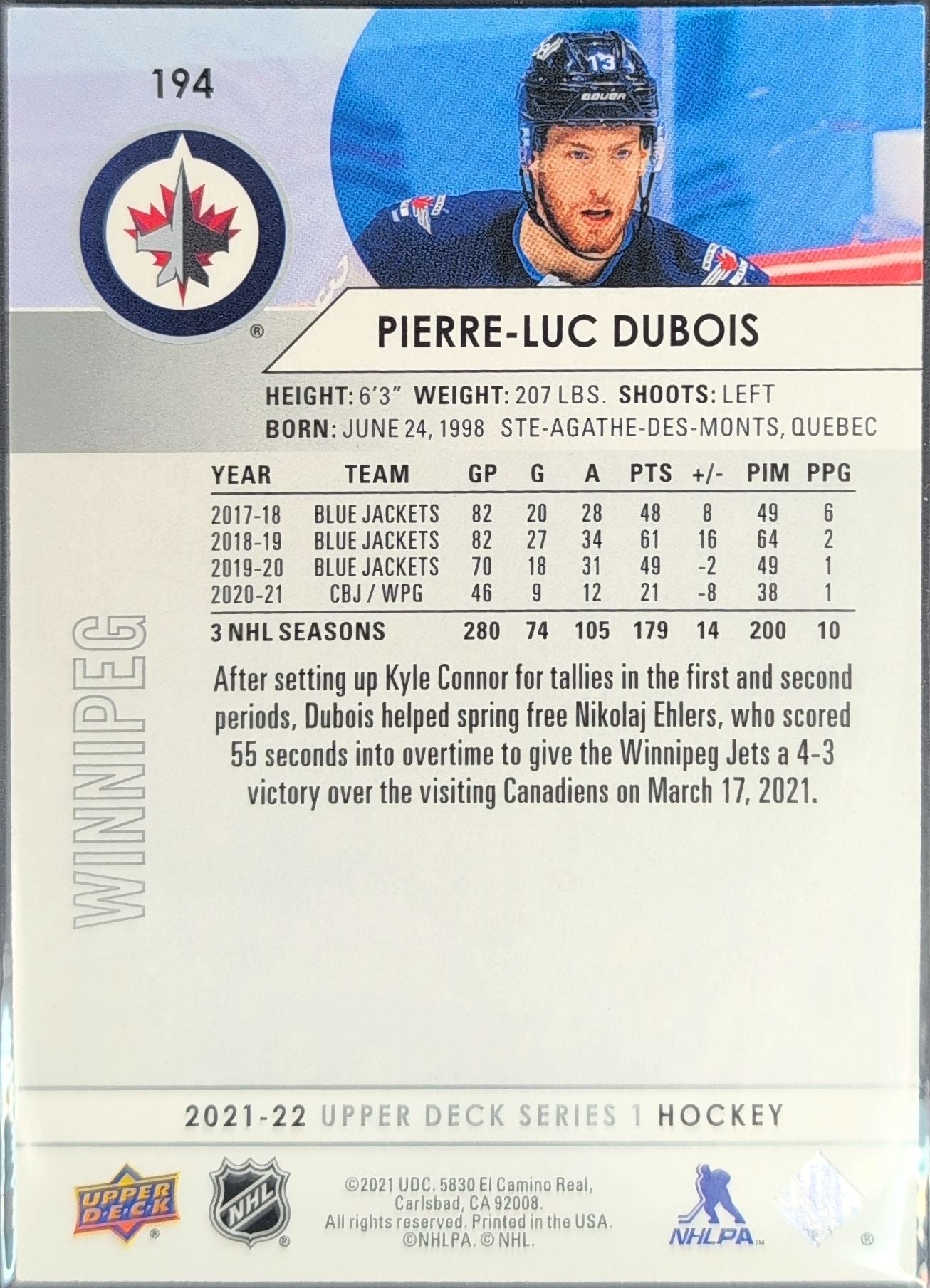 2021-2022 Upper Deck Pierre-Luc Dubois #194 Winnipeg Jets back