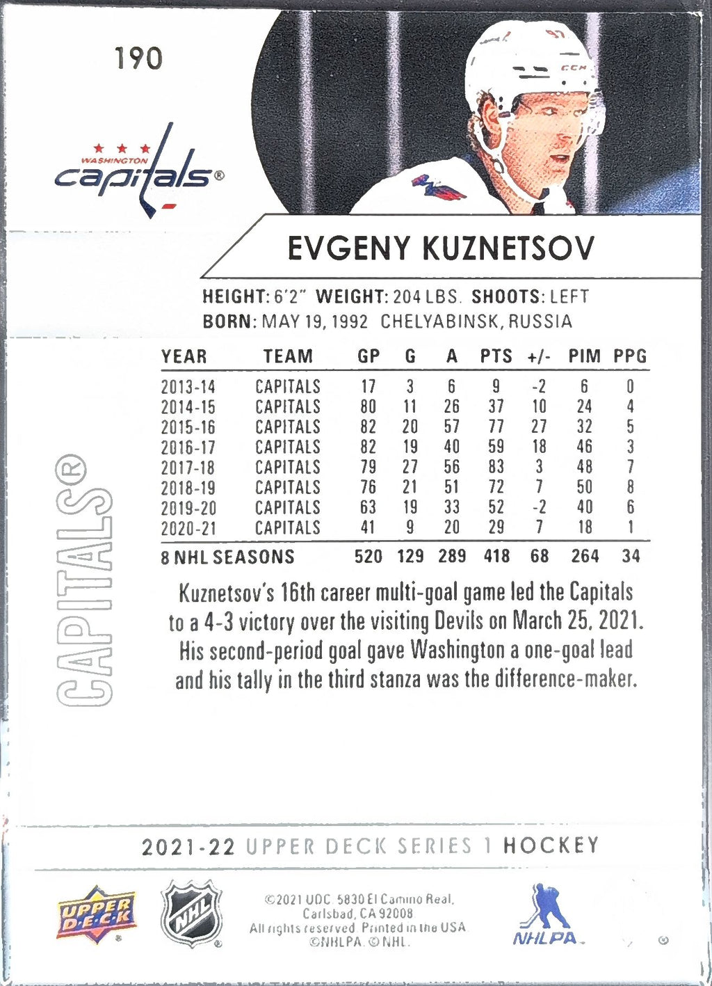 2021-22 Upper Deck Evgeny Kuznetsov #190 Washington Capitals back