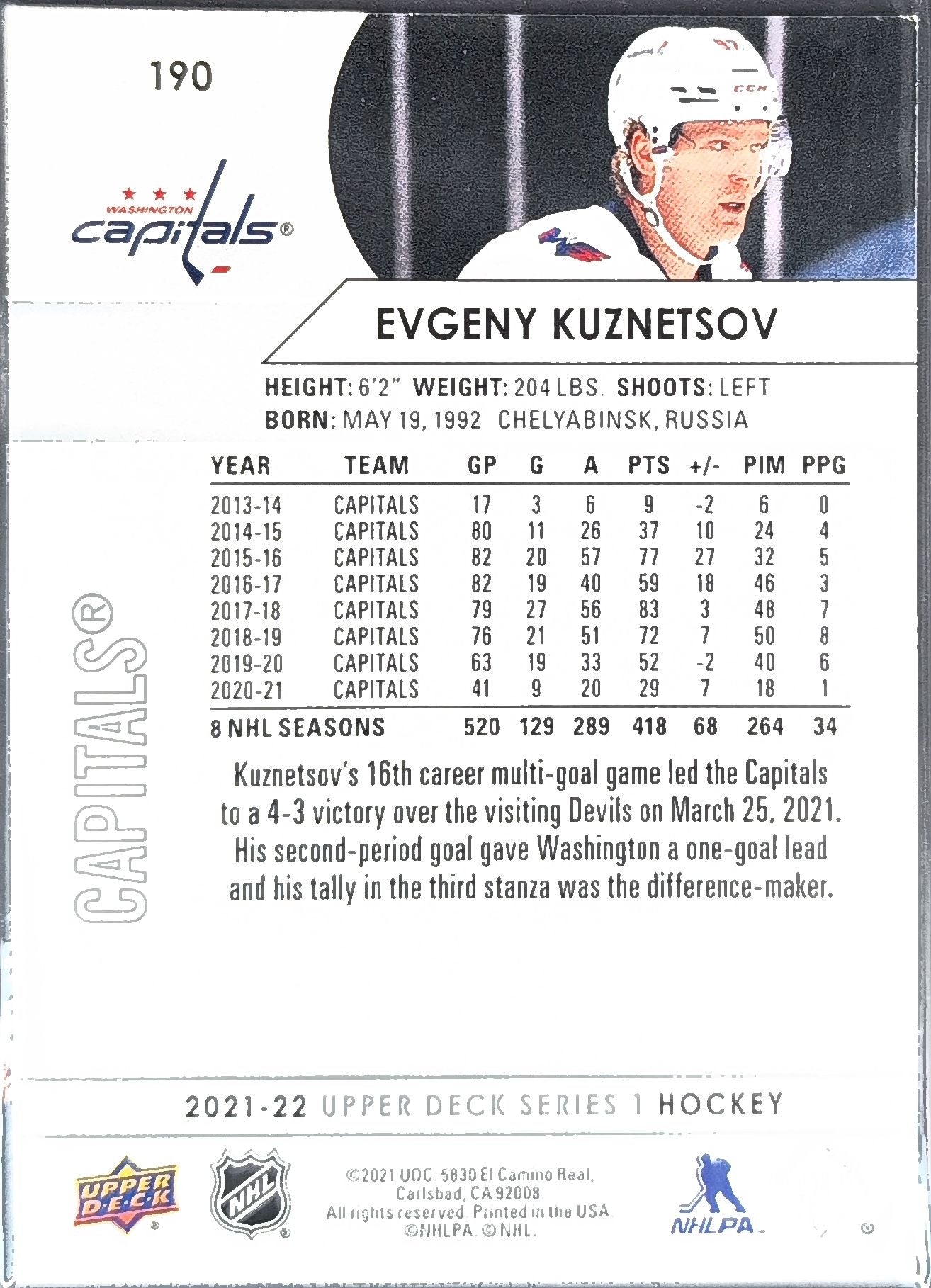 2021-22 Upper Deck Evgeny Kuznetsov #190 Washington Capitals back