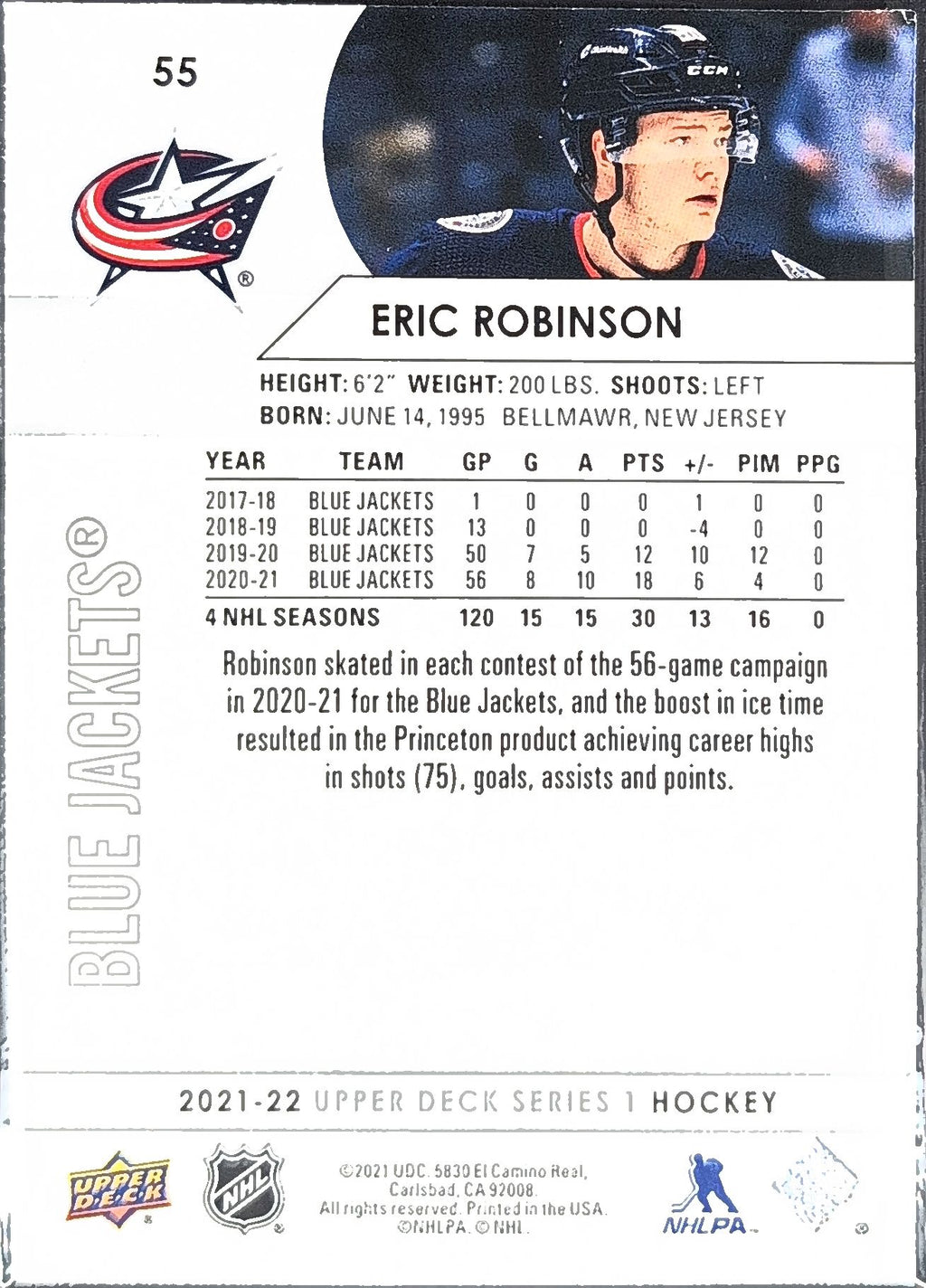 2021-2022 Upper Deck Eric Robinson #55 Columbus Blue Jackets back
