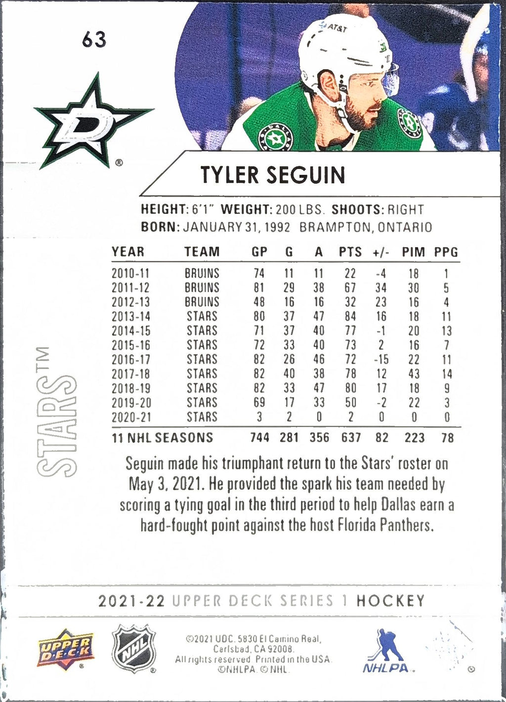 2021-2022 Upper Deck Tyler Seguin #63 Dallas Stars back