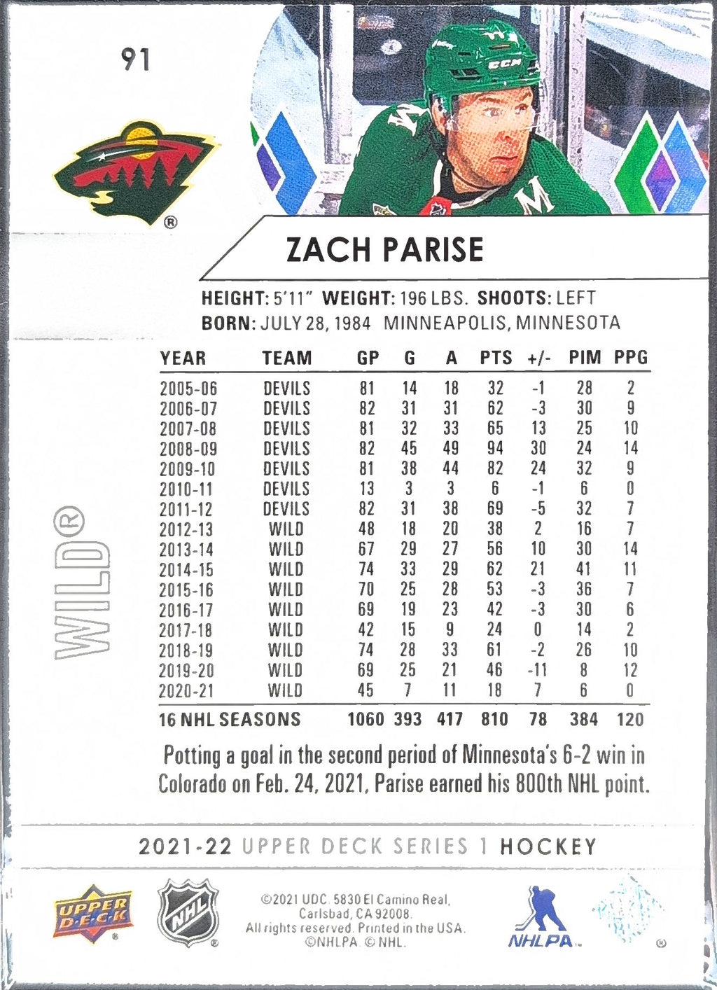 2021-22 Upper Deck Zach Parise #91 Minnesota Wild back