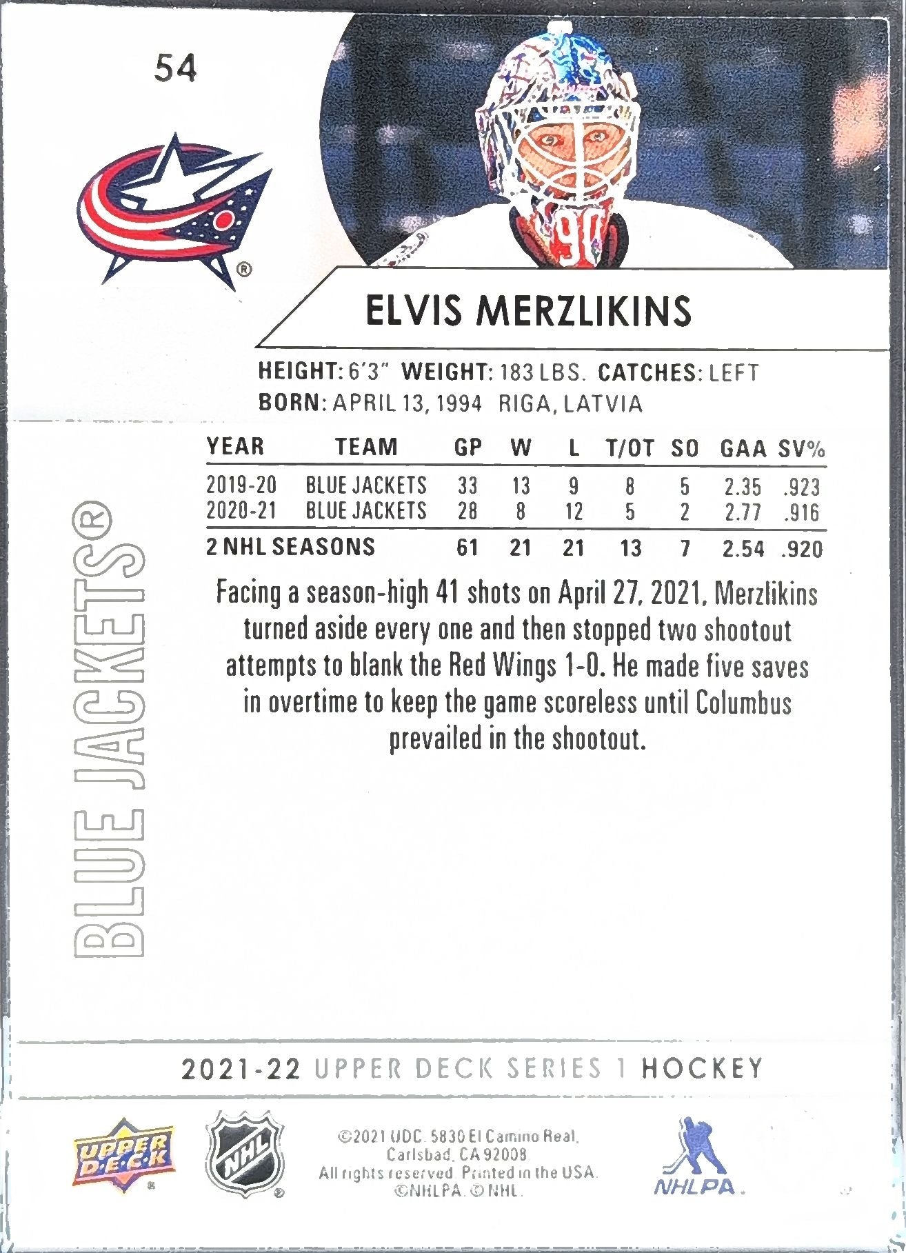 2021-22 Upper Deck Elvis Merzlikins #54 Columbus Blue Jackets back