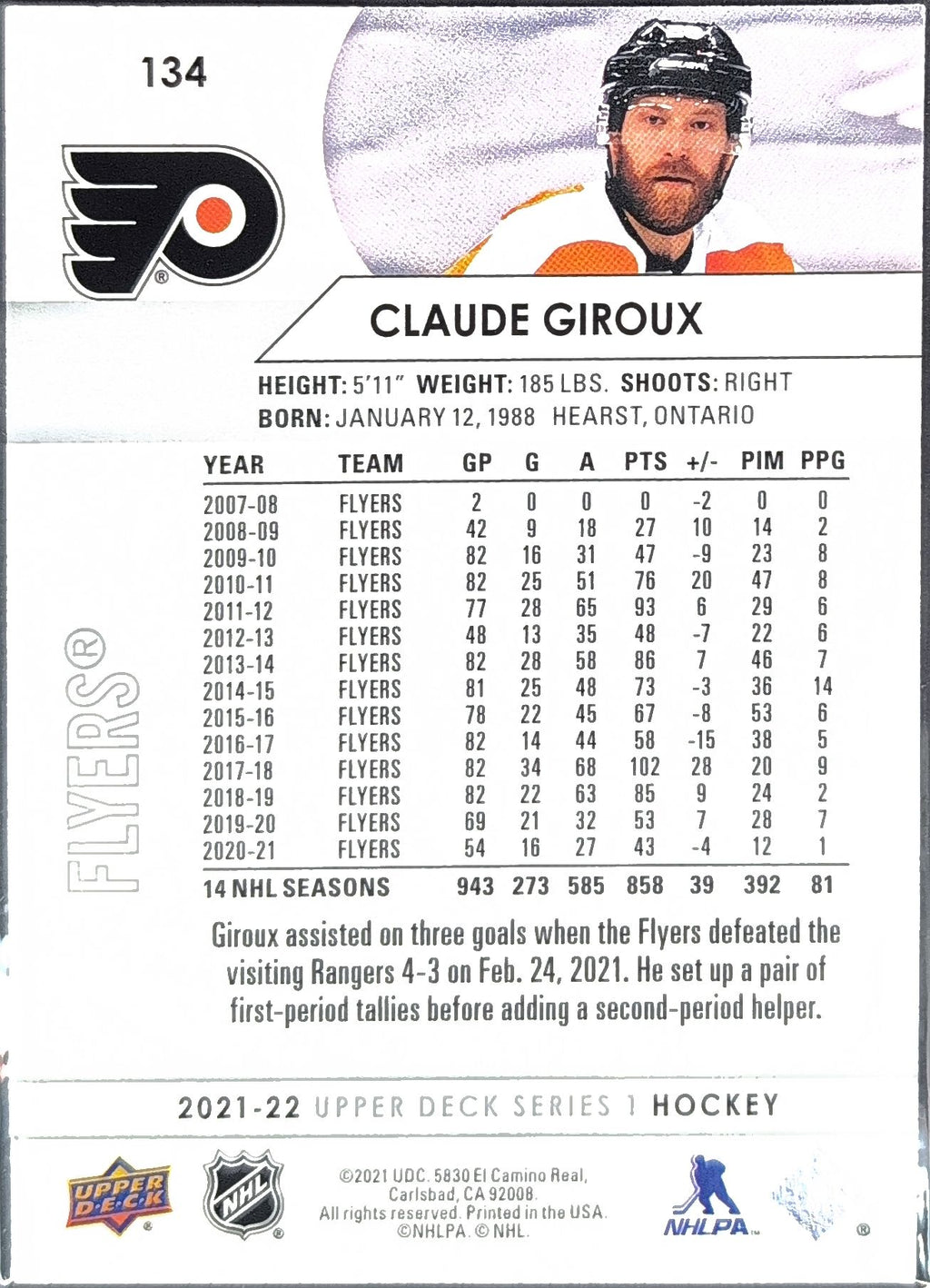 2021-2022 Upper Deck Claude Giroux #134 Philadelphia Flyers back