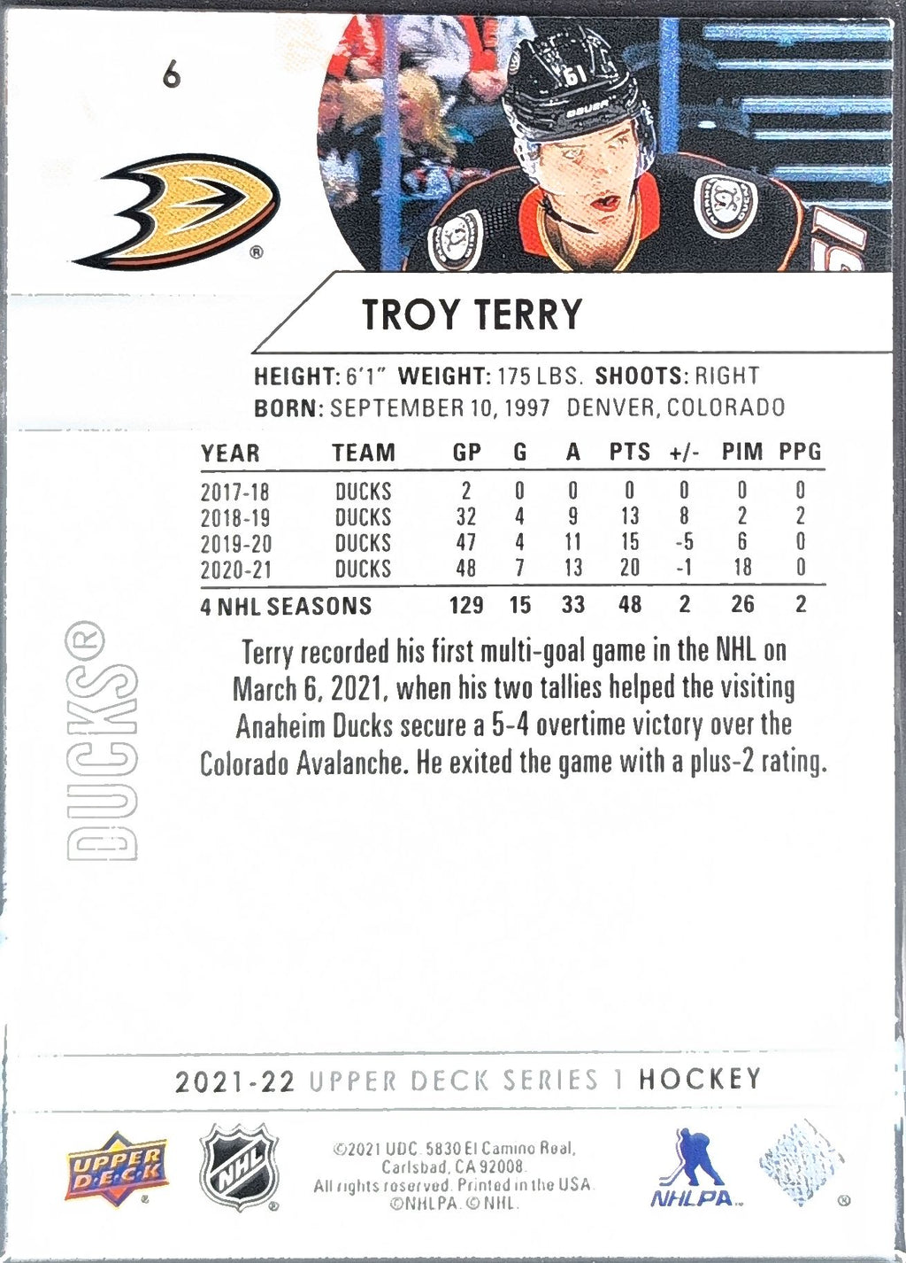 2021-22 Upper Deck Troy Terry #6 Anaheim Ducks back