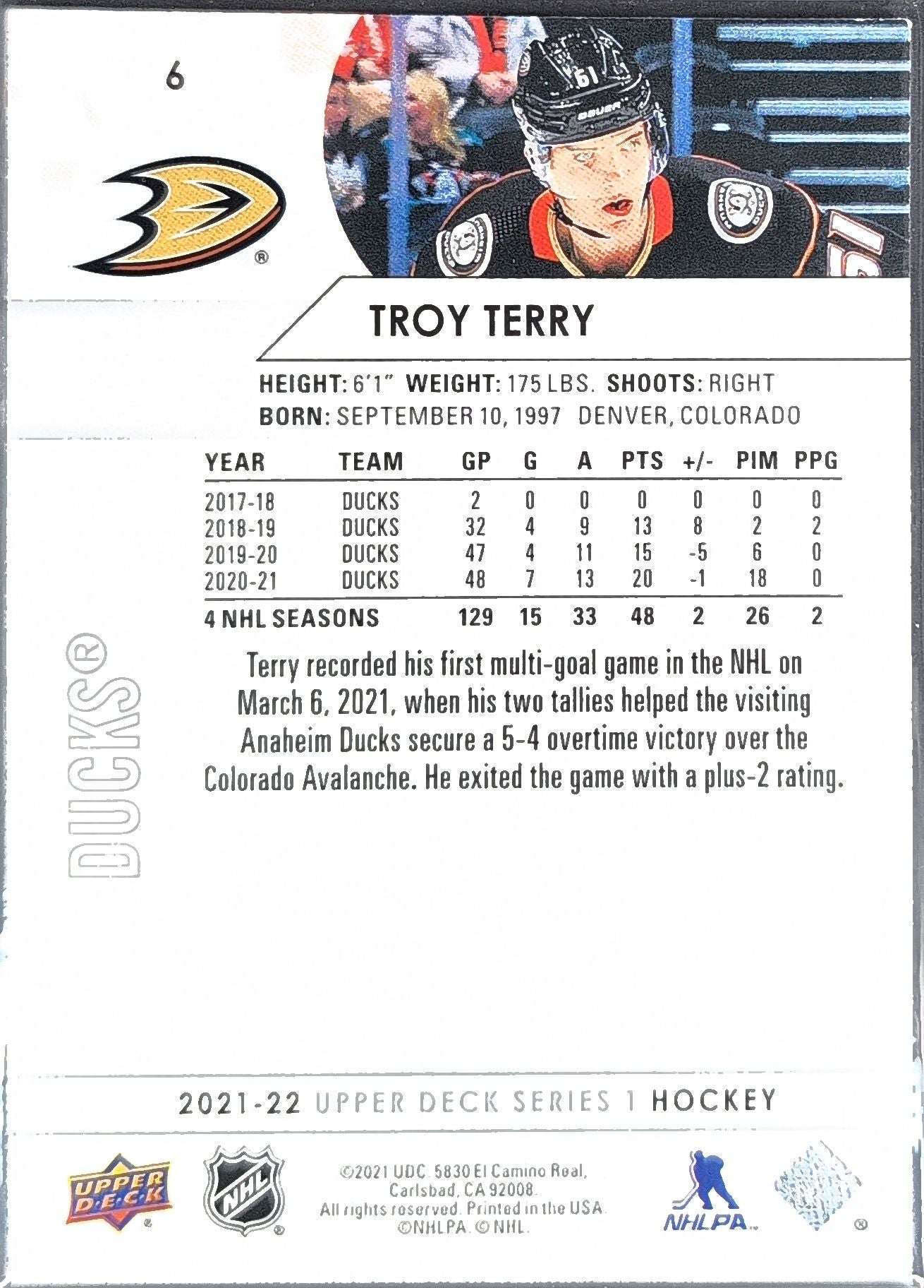 2021-22 Upper Deck Troy Terry #6 Anaheim Ducks back