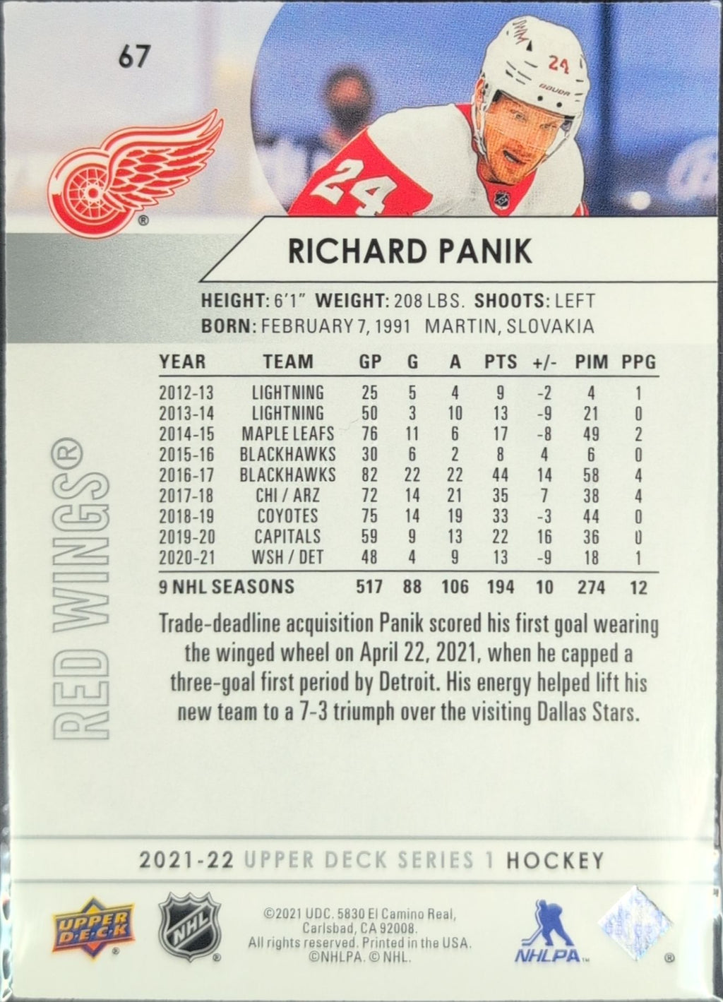 2021-2022 Upper Deck Richard Panik #67 Detroit Red Wings back