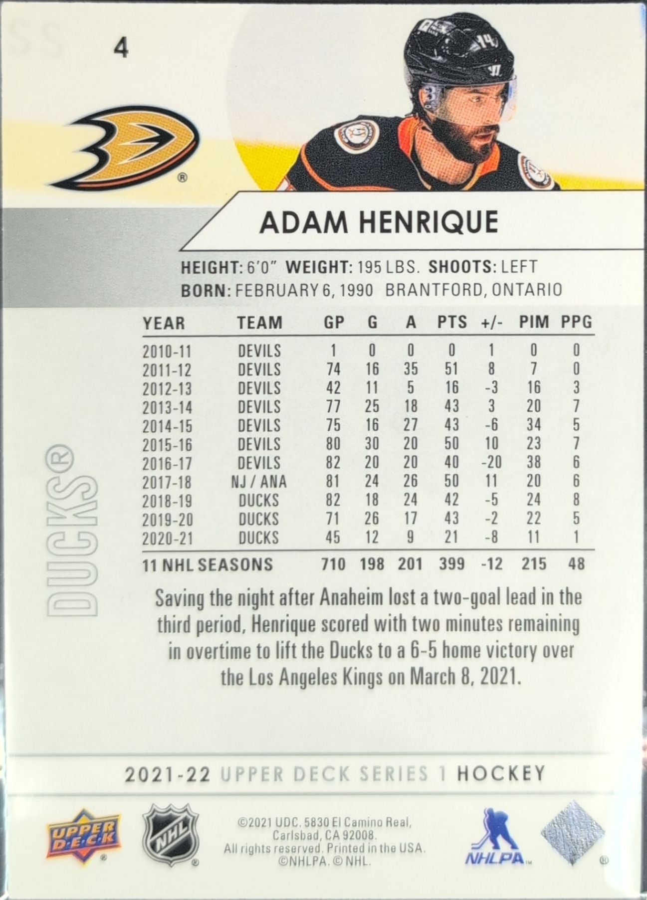 2021-22 Upper Deck Adam Henrique #4 Anaheim Ducks back