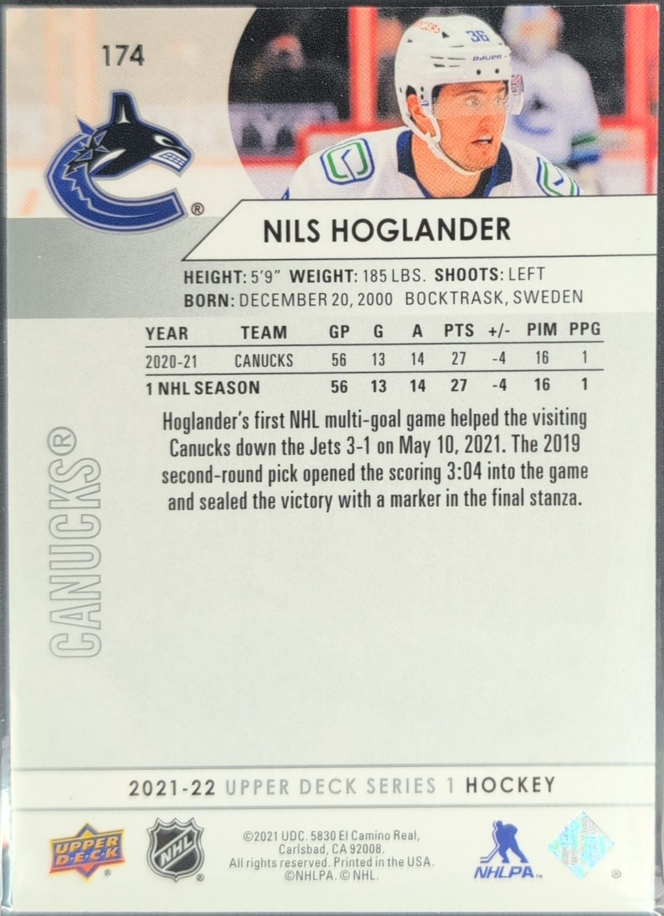 2021-22 Upper Deck Nils Hoglander #174 Vancouver Canucks back