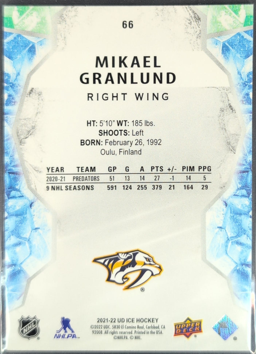 2021-2022 Upper Deck Mikael Granlund #66 Nashville Predators back