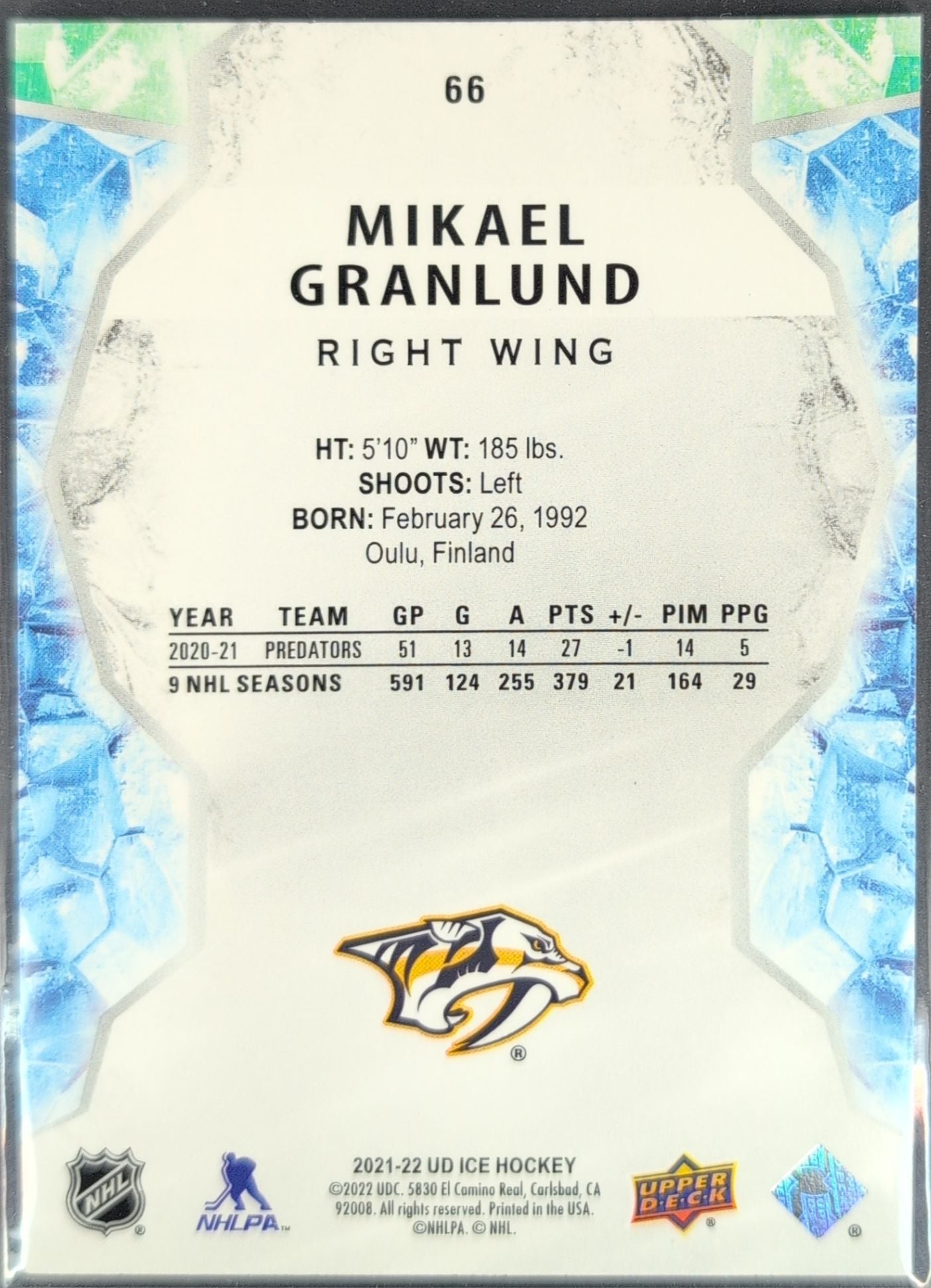 2021-2022 Upper Deck Mikael Granlund #66 Nashville Predators back