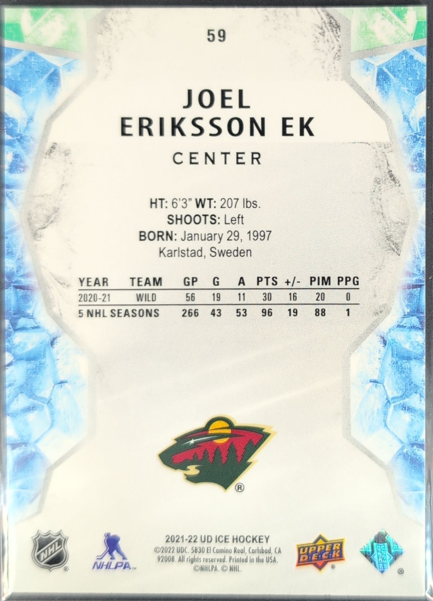 2021-2022 Upper Deck Joel Eriksson Ek #59 Minnesota Wild back