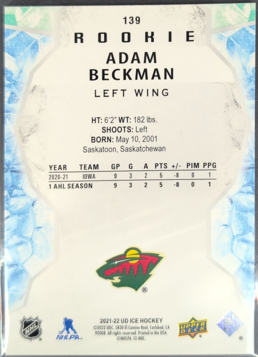 Adam Beckman 2021-2022 Upper Deck #139 Minnesota Wild - back image