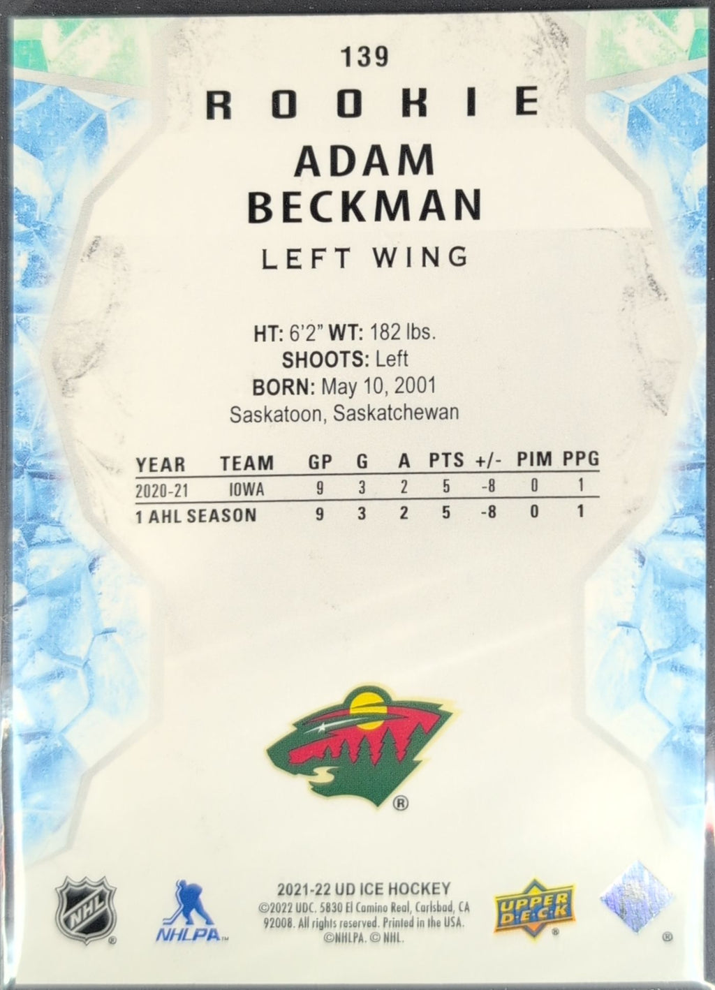 2021-2022 Upper Deck Adam Beckman #139 Minnesota Wild back