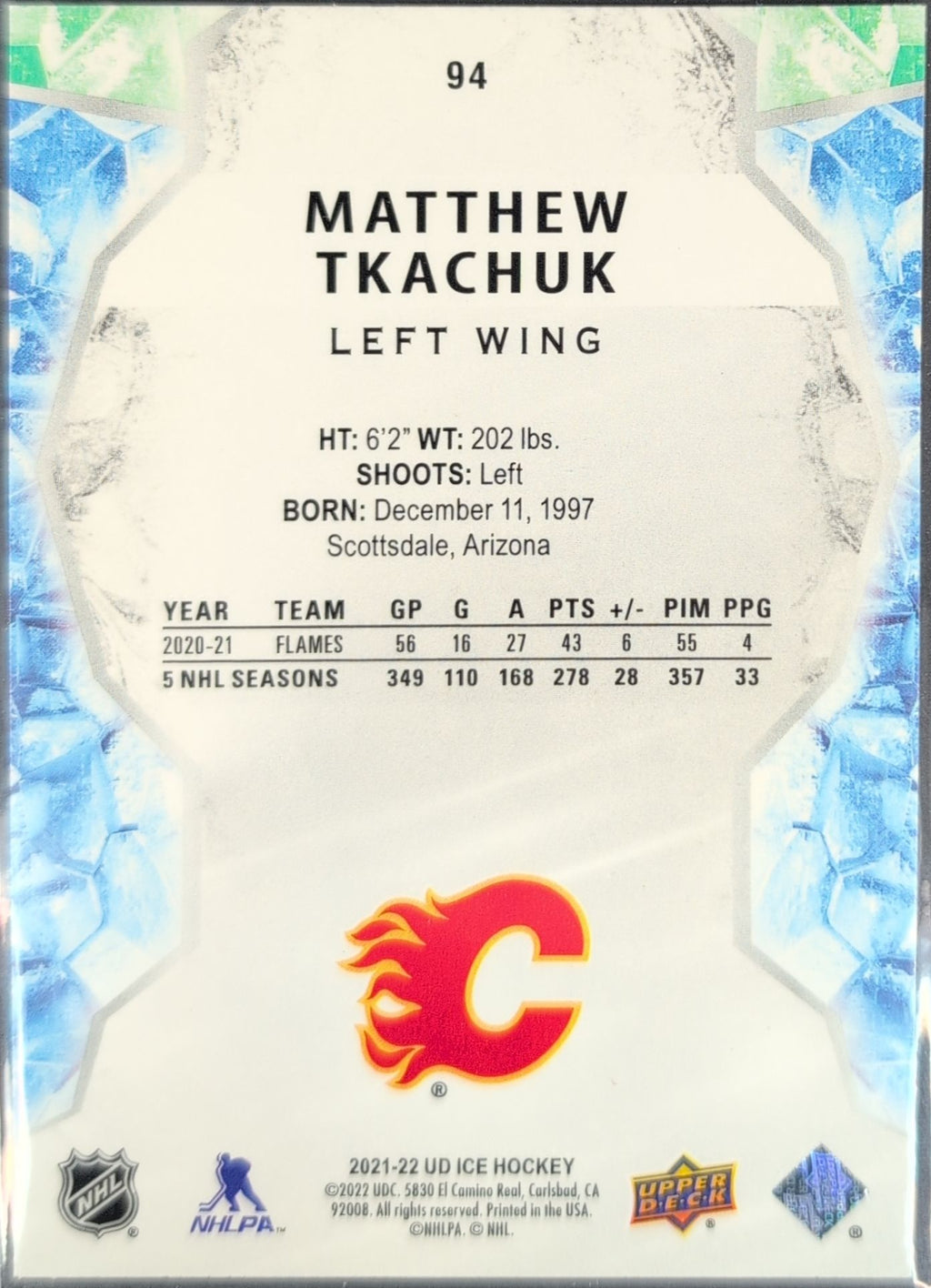 2021-22 Upper Deck Ice Matthew Tkachuk #94 Calgary Flames back