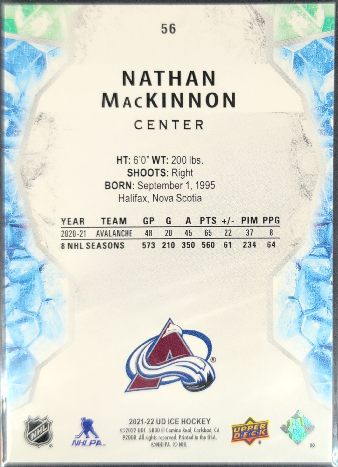 2021-2022 Upper Deck Nathan MacKinnon #56 Colorado Avalanche back