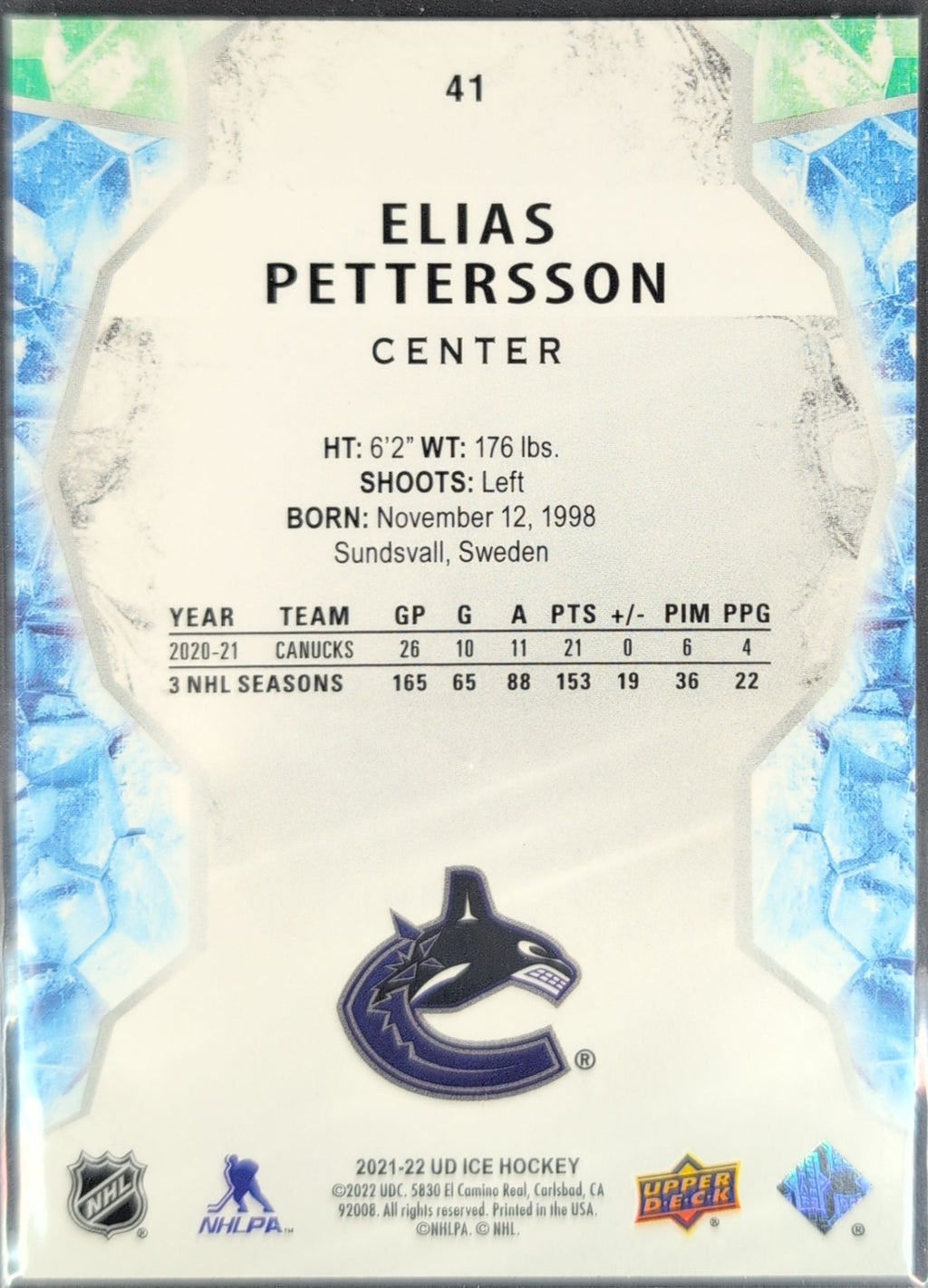 2021-2022 Upper Deck Elias Pettersson #41 Vancouver Canucks back