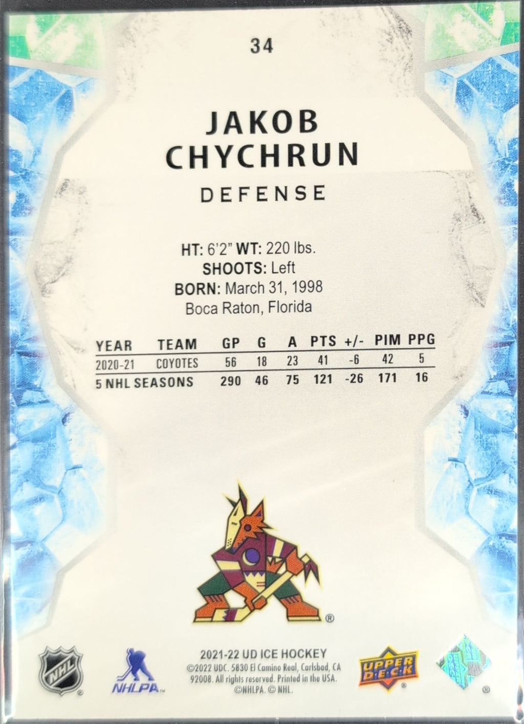 2021-2022 Upper Deck Jakob Chychrun #34 Arizona Coyotes back