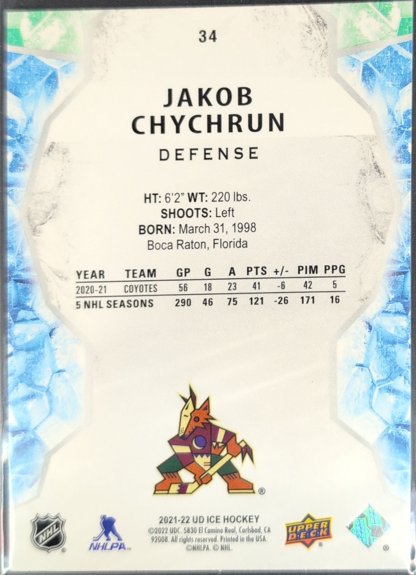 2021-2022 Upper Deck Jakob Chychrun #34 Arizona Coyotes back