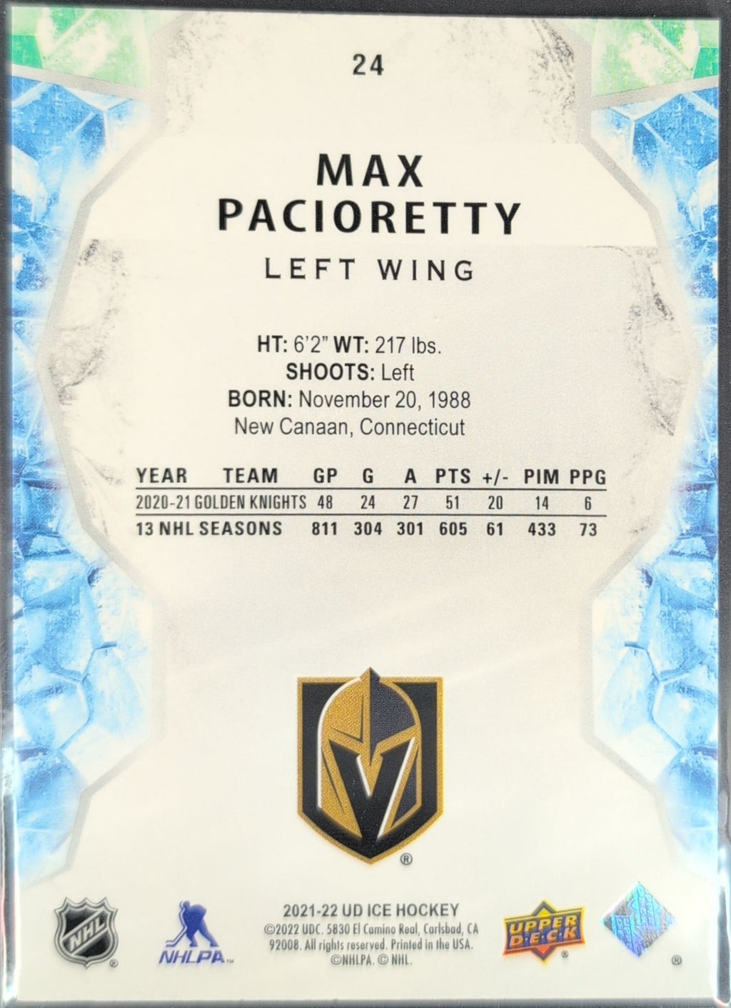 2021-2022 Upper Deck Max Pacioretty #24 Vegas Golden Knights back