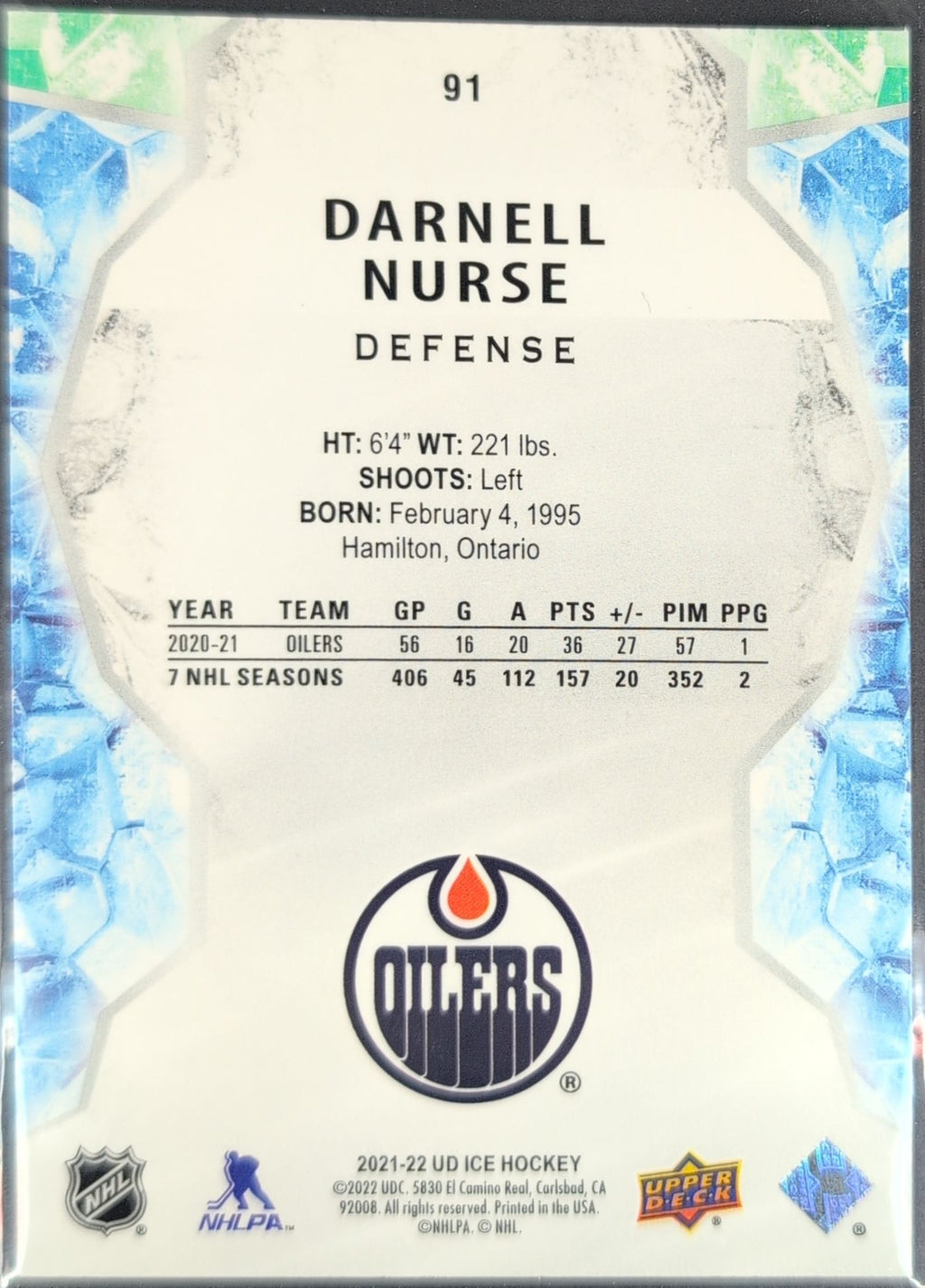 2021-22 Upper Deck Ice Darnell Nurse #91 Edmonton Oilers back
