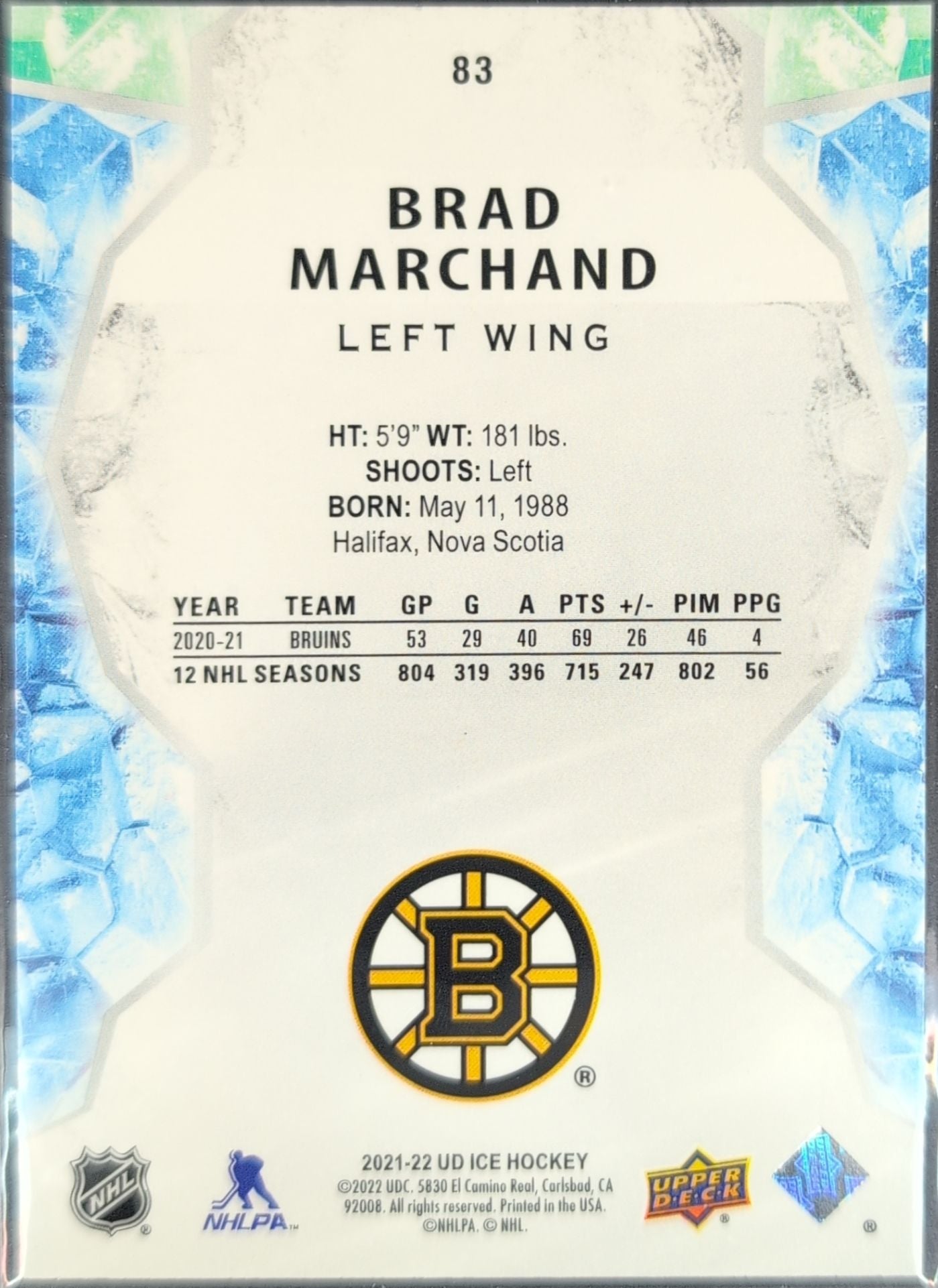 2021-2022 Upper Deck Brad Marchand #83 Boston Bruins back