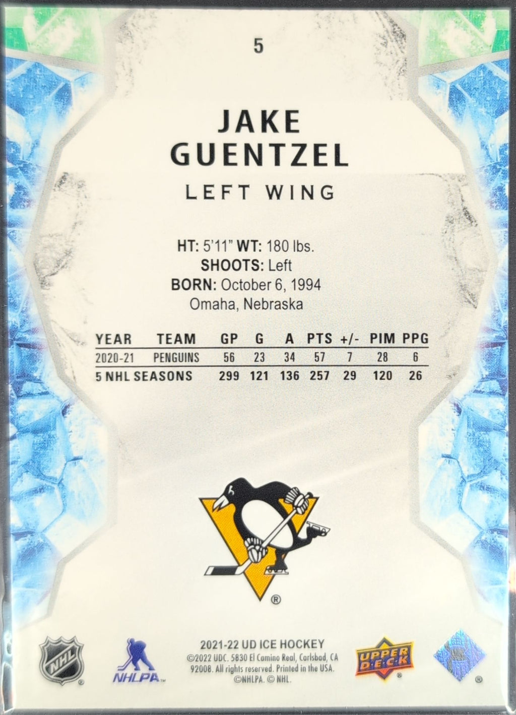 2021-22 Upper Deck Ice Jake Guentzel #5 Pittsburgh Penguins back