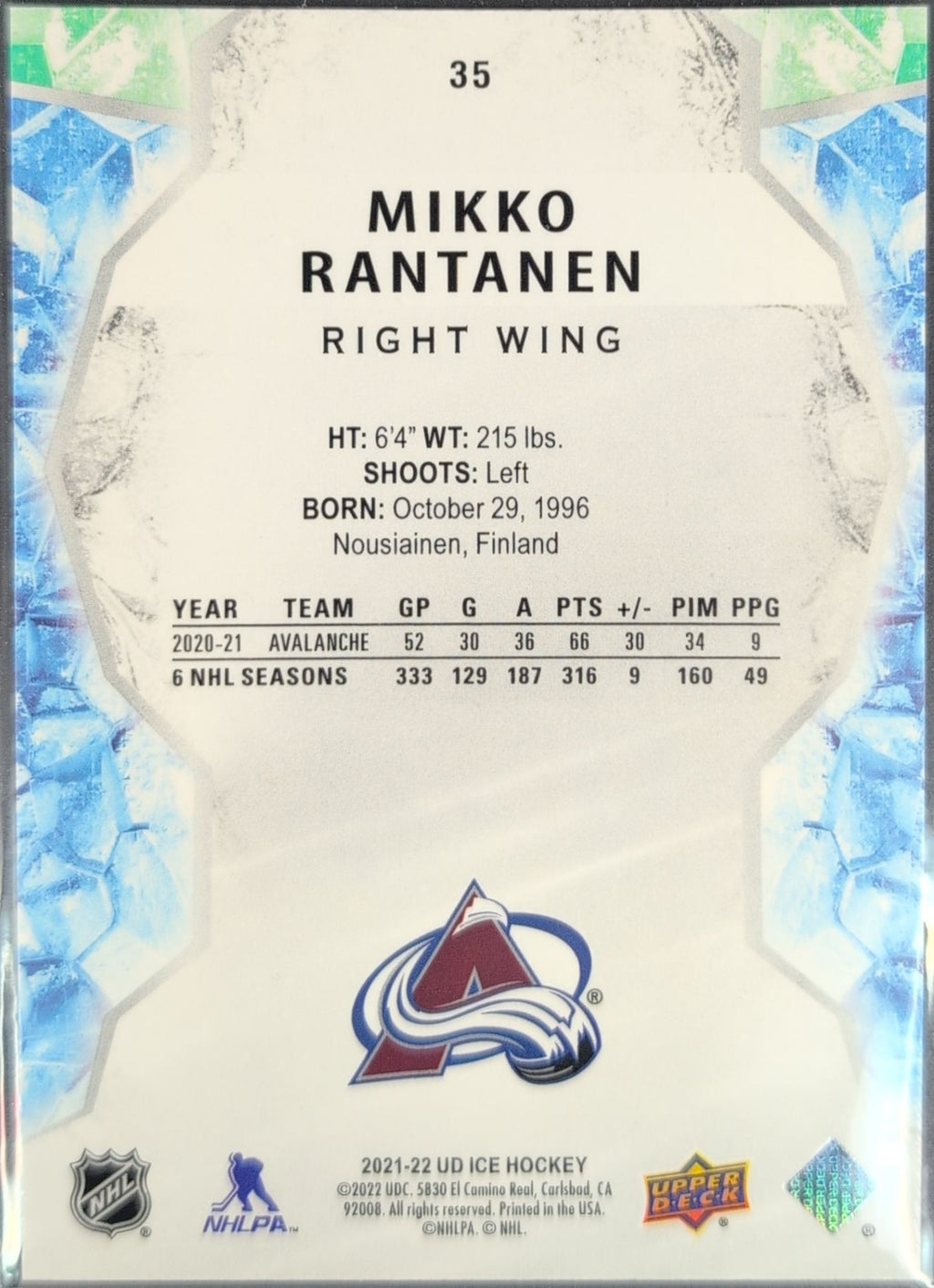 2021-2022 Upper Deck Mikko Rantanen #35 Colorado Avalanche back