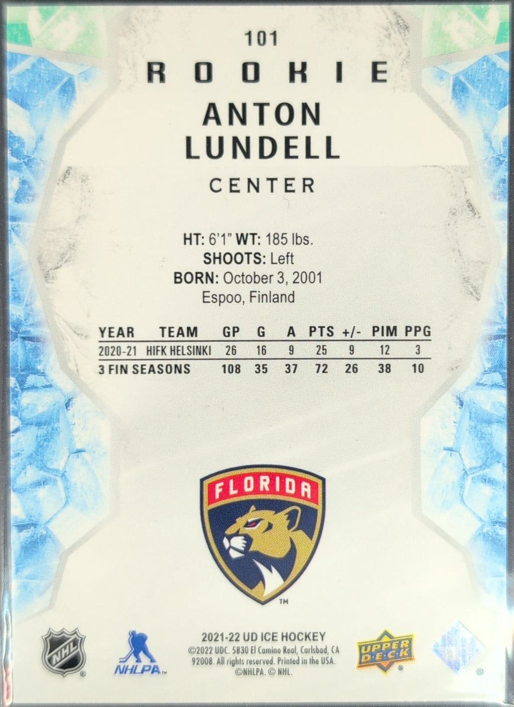 2021-2022 Upper Deck Anton Lundell #101 Florida Panthers back