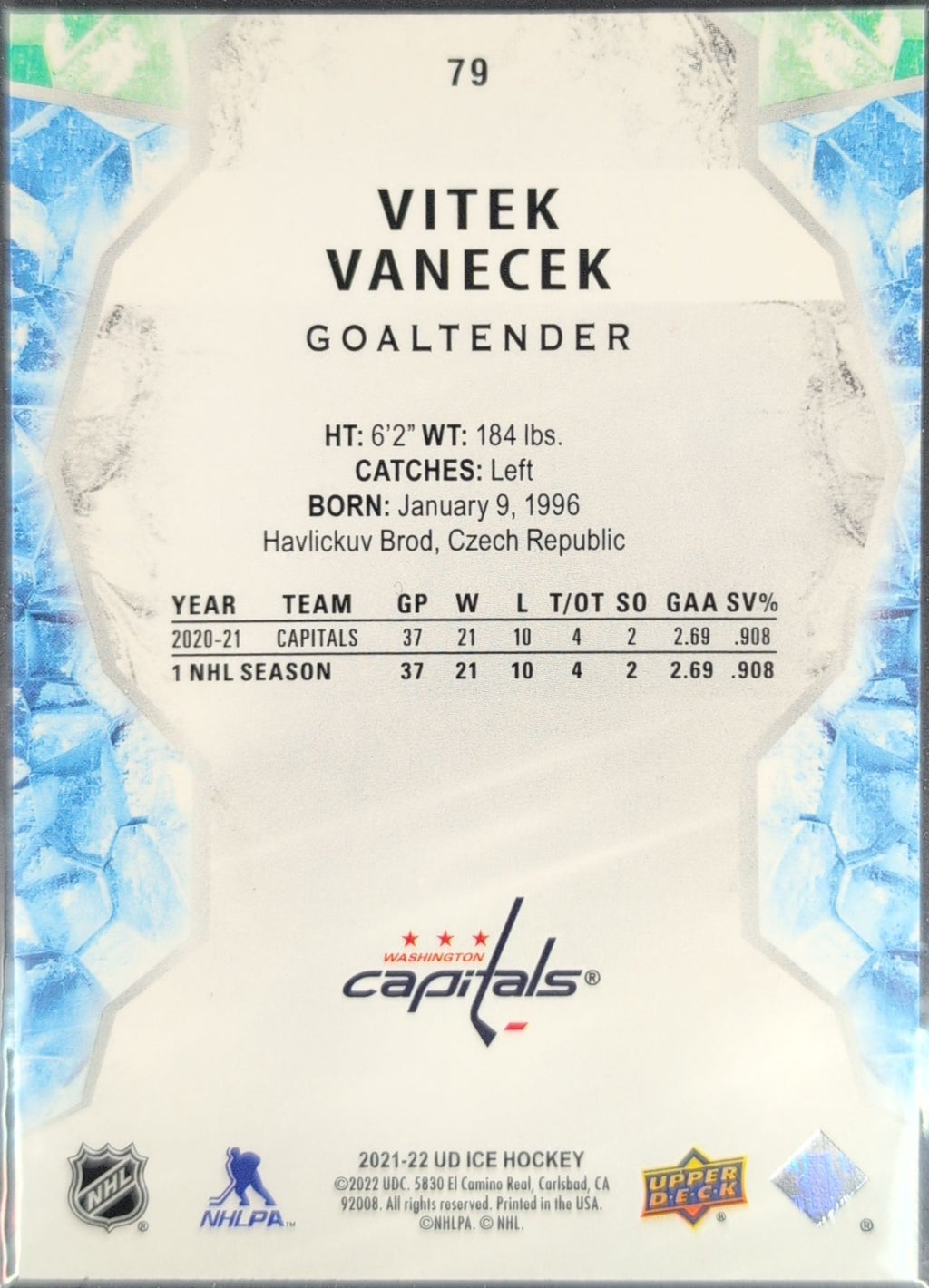 2021-22 Upper Deck Ice Vitek Vanecek #79 Washington Capitals back