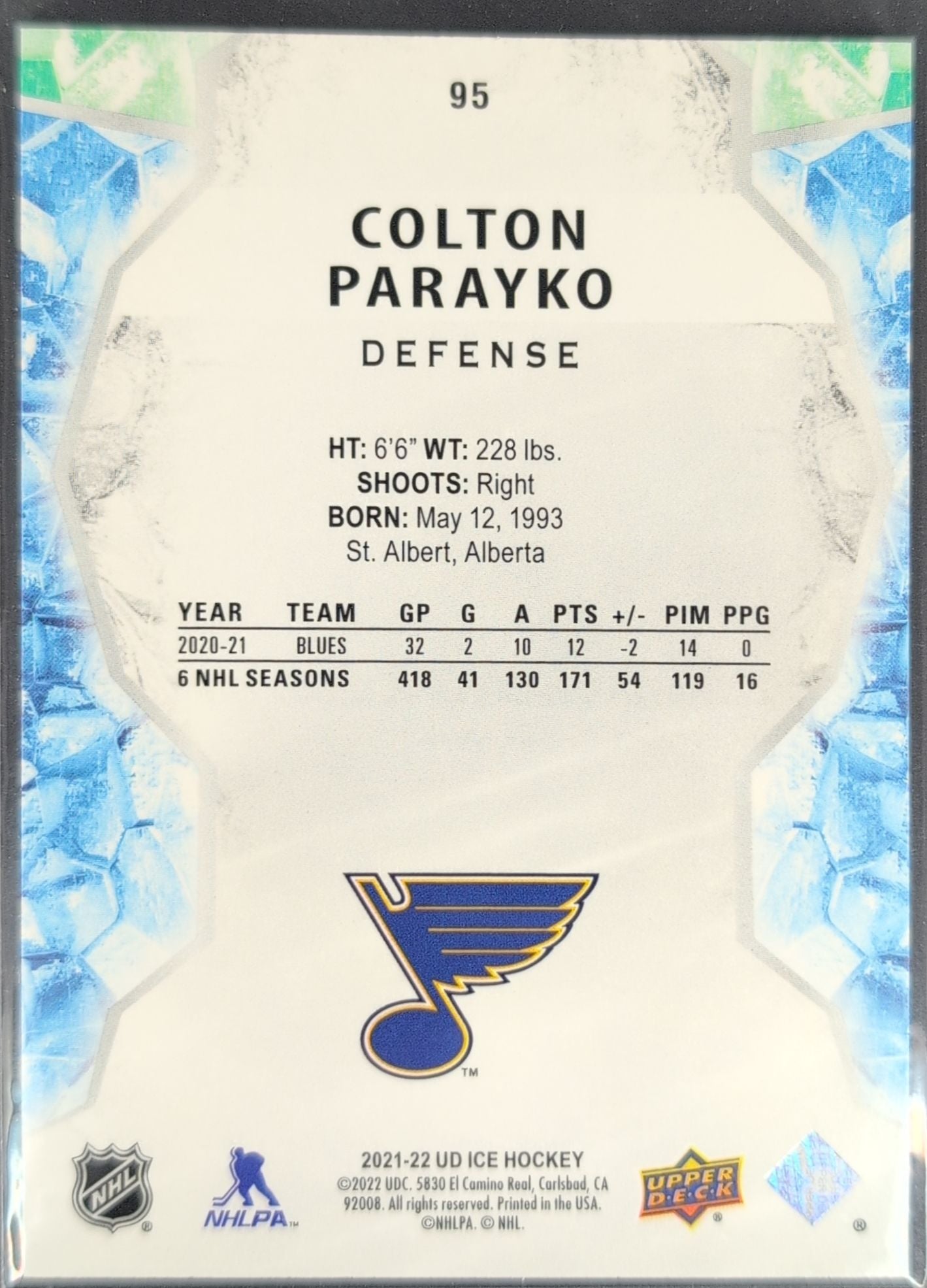 2021-2022 Upper Deck Colton Parayko #95 St. Louis Blues back