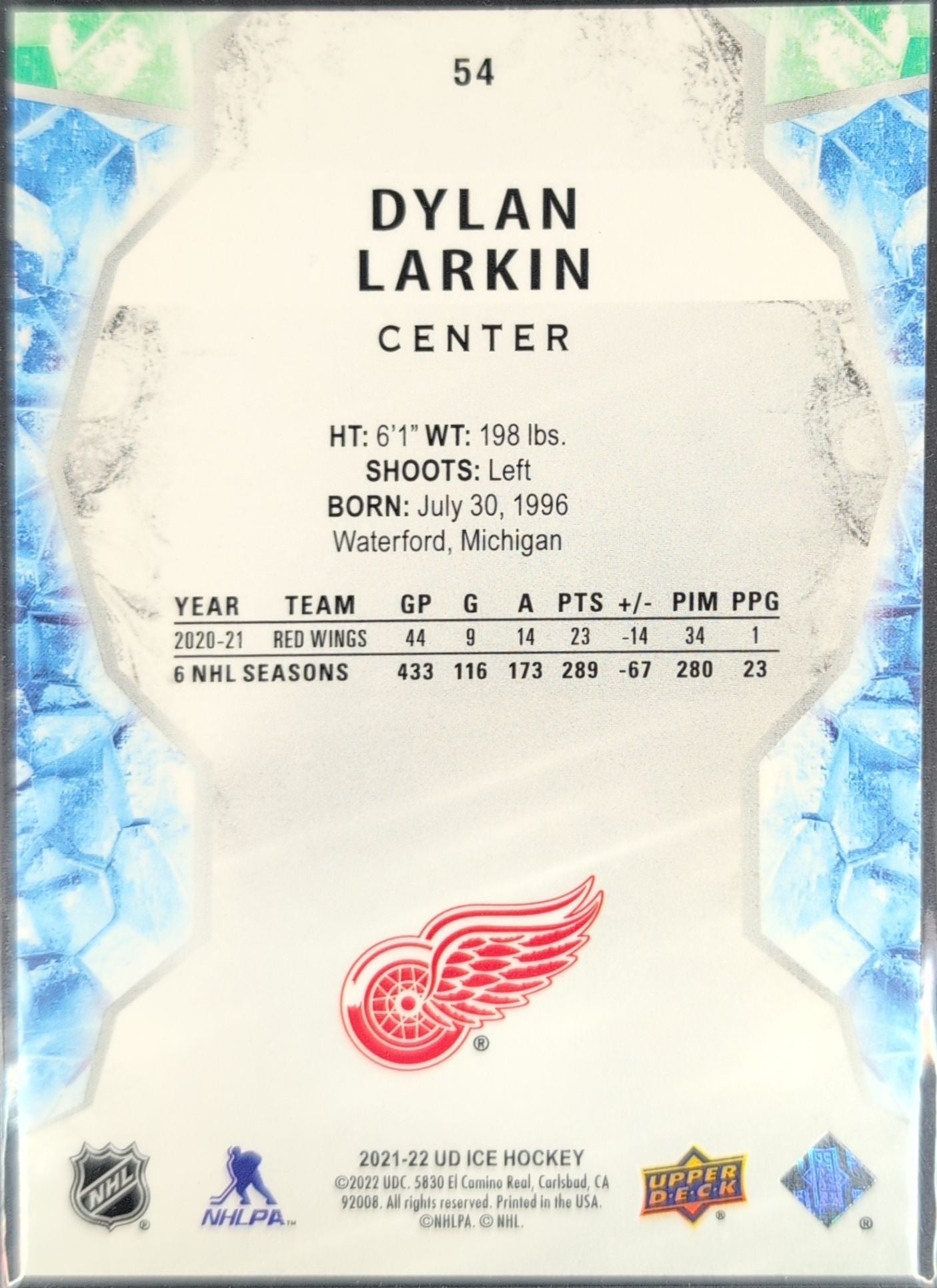2021-22 Upper Deck Ice Dylan Larkin #54 Detroit Red Wings back