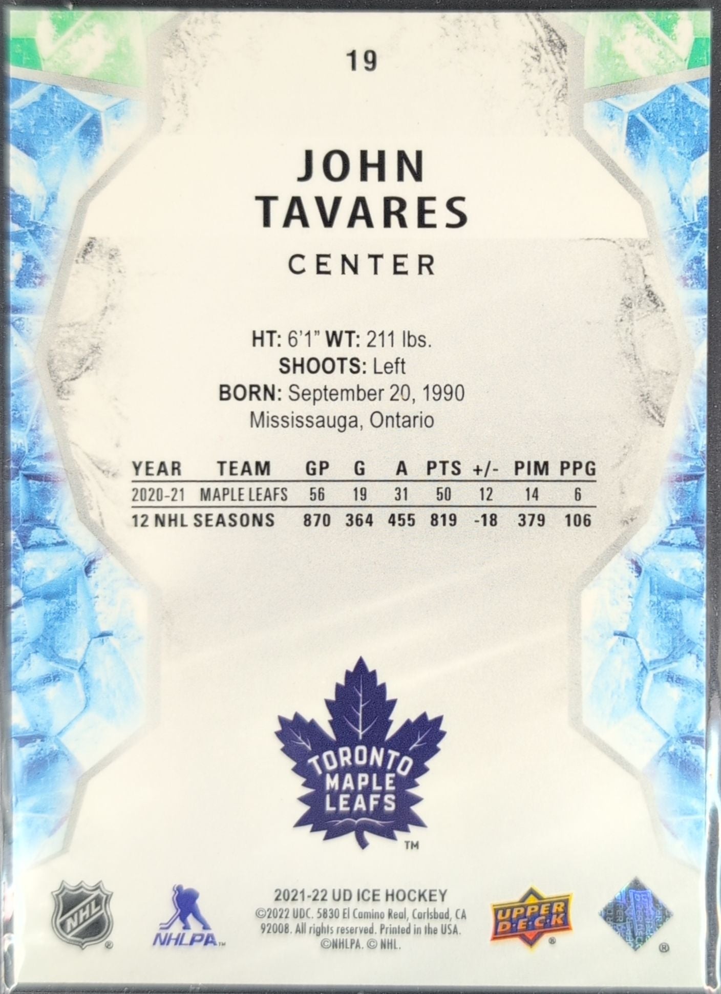2021-2022 Upper Deck John Tavares #19 Toronto Maple Leafs back
