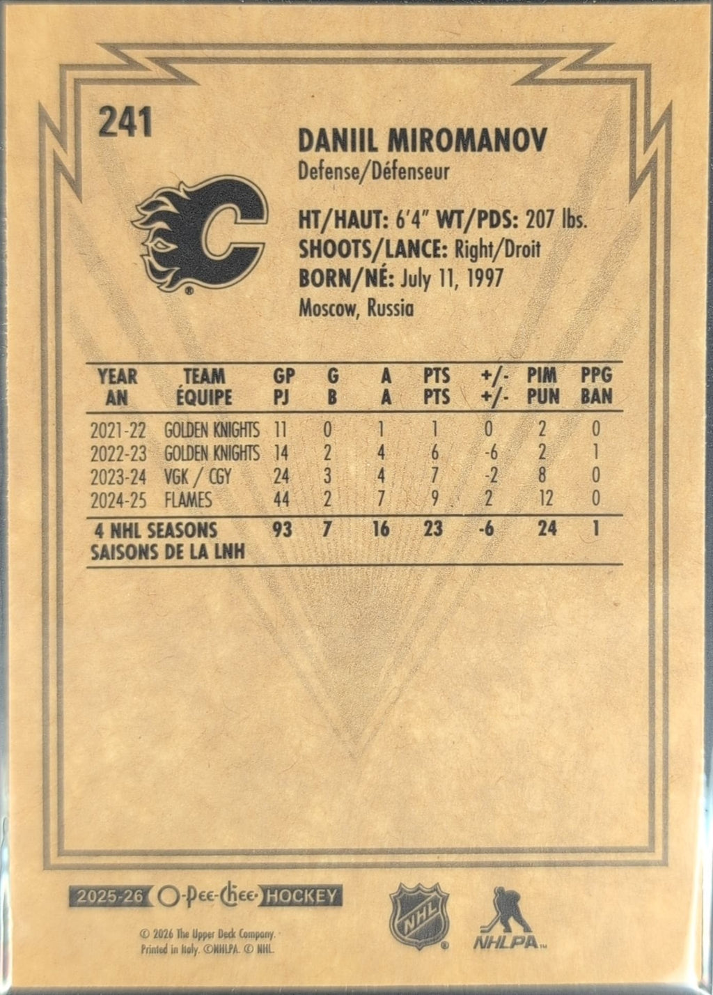 Daniil Miromanov 2025-26 O-Pee-Chee #241 Retro Calgary Flames - back image