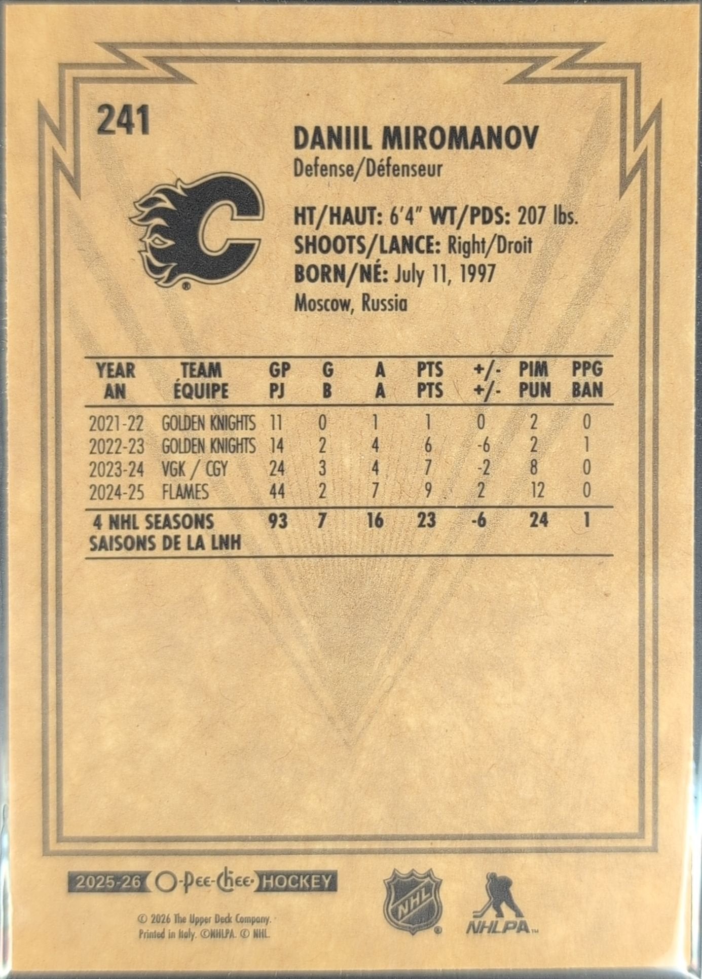 Daniil Miromanov 2025-26 O-Pee-Chee #241 Retro Calgary Flames - back image