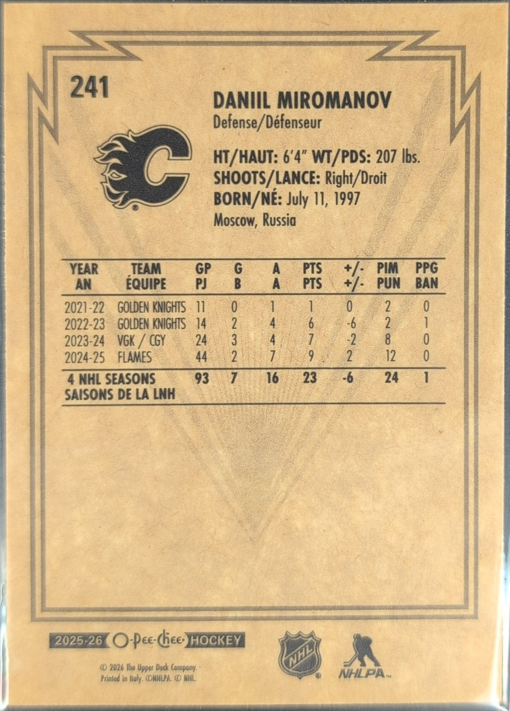2025-26 O-Pee-Chee Daniil Miromanov #241 Retro Calgary Flames back