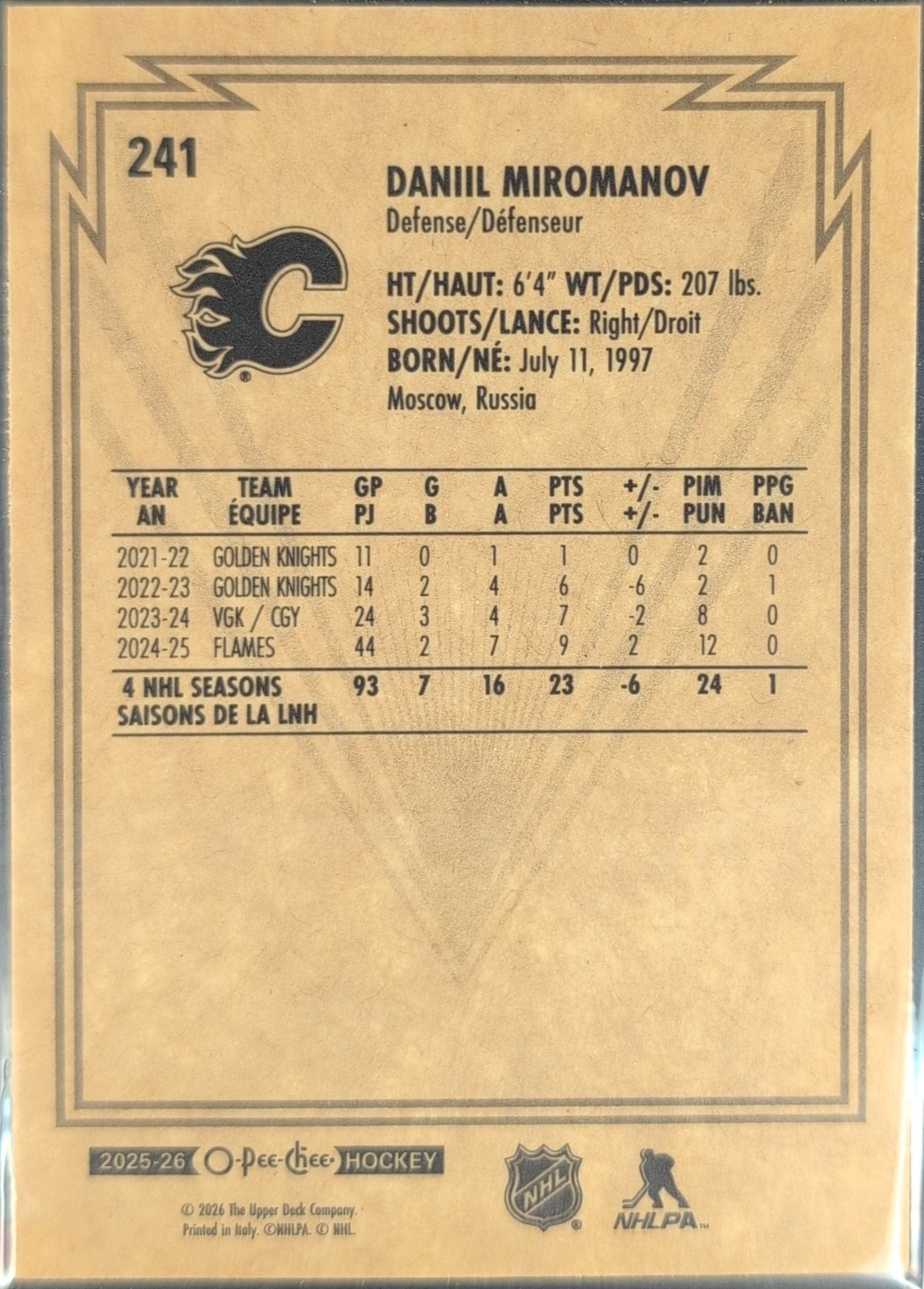 2025-26 O-Pee-Chee Daniil Miromanov #241 Retro Calgary Flames back