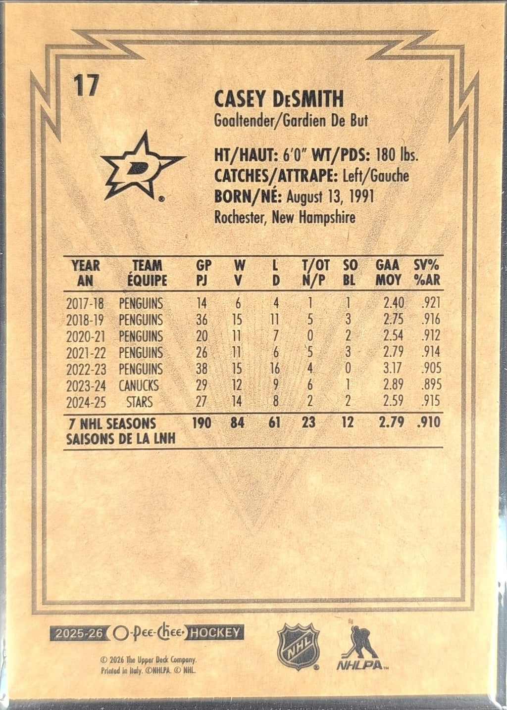 Casey DeSmith 2025-26 O-Pee-Chee #17 Retro Dallas Stars - back image