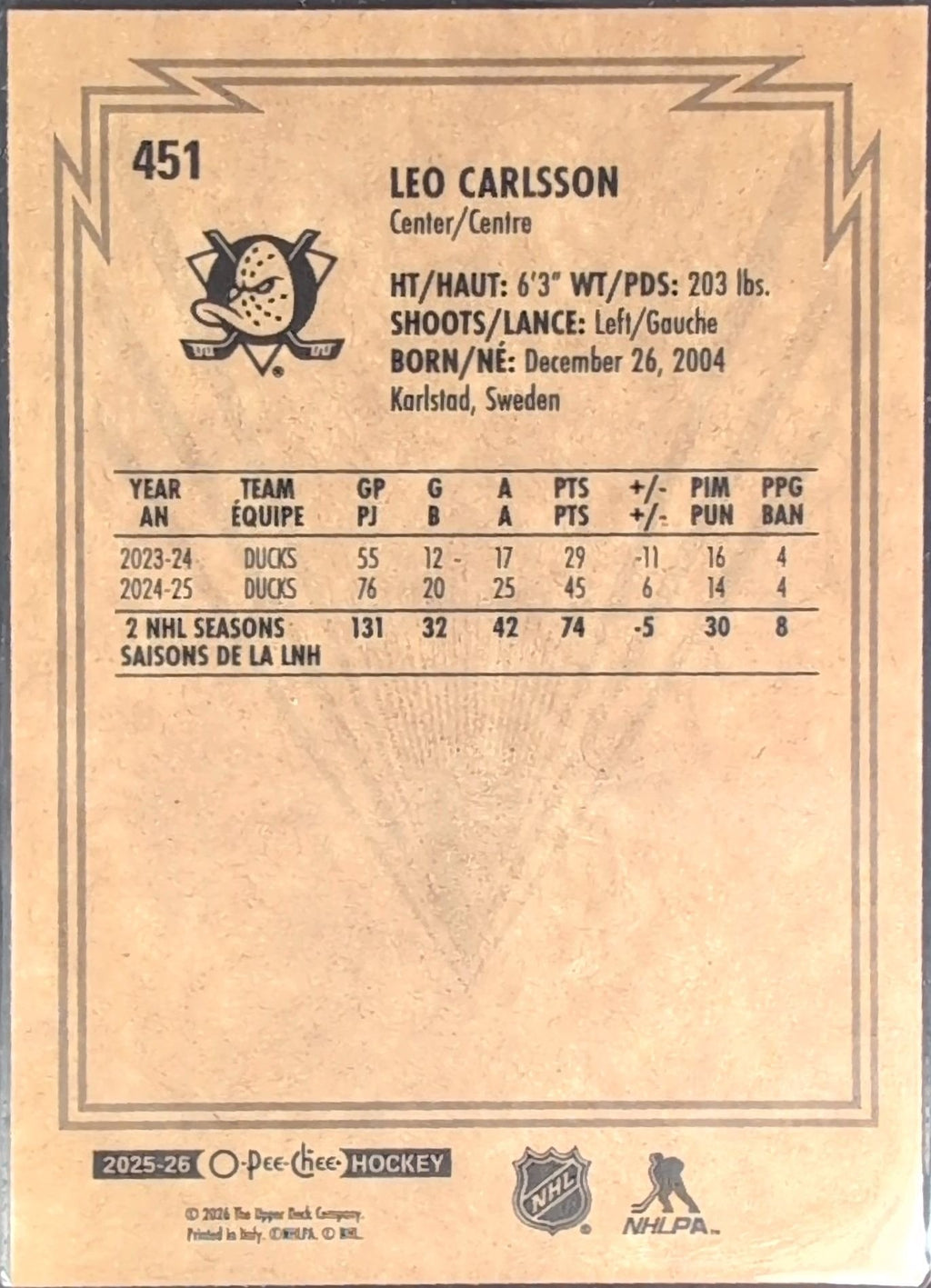 Leo Carlsson 2025-26 O-Pee-Chee #451 Retro Anaheim Ducks - back image