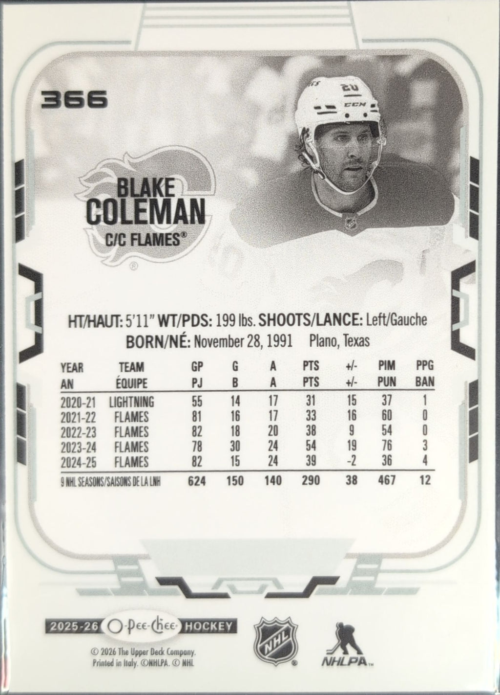 2025-26 O-Pee-Chee Blake Coleman #366 Calgary Flames back
