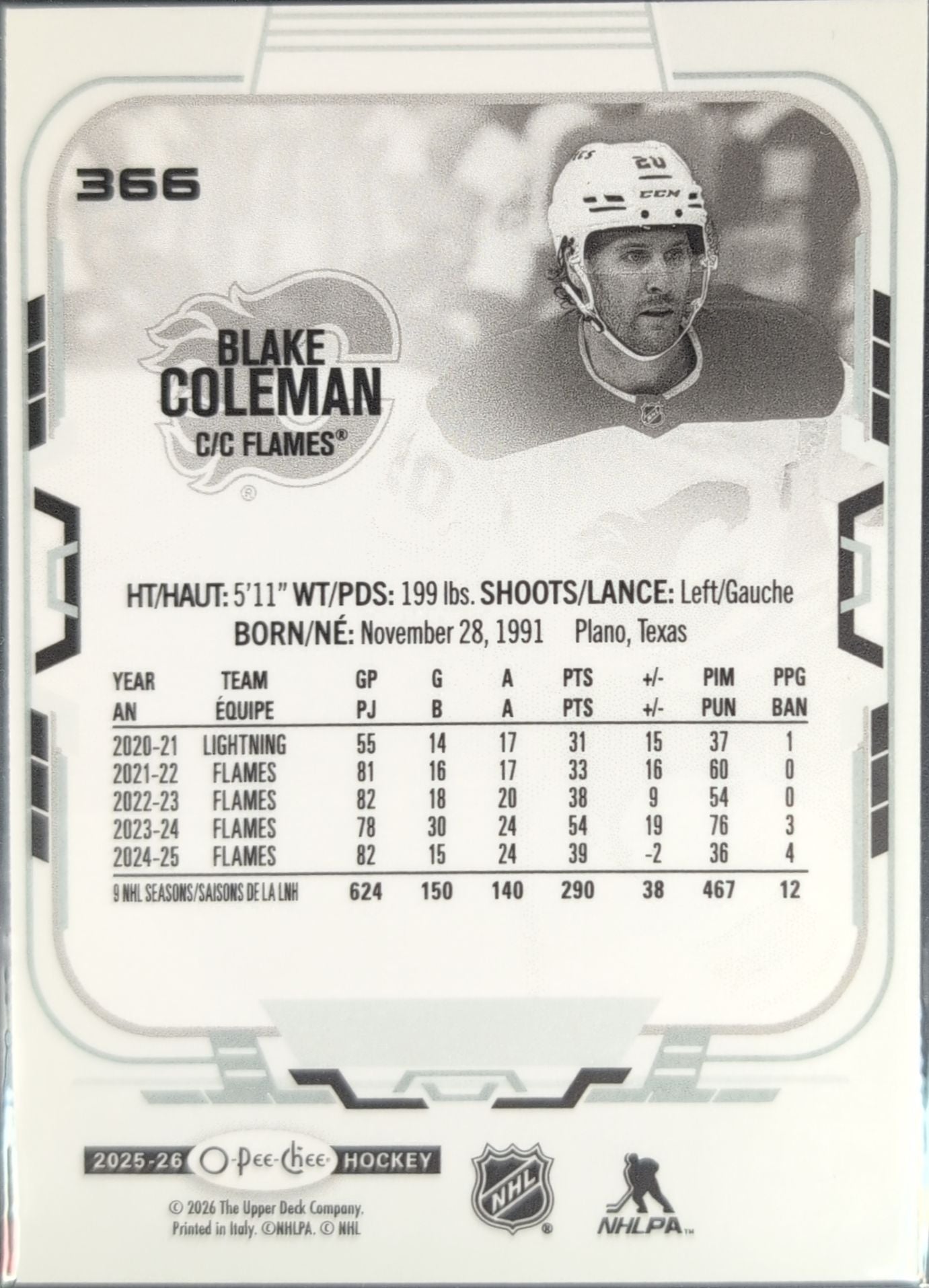 2025-26 O-Pee-Chee Blake Coleman #366 Calgary Flames back