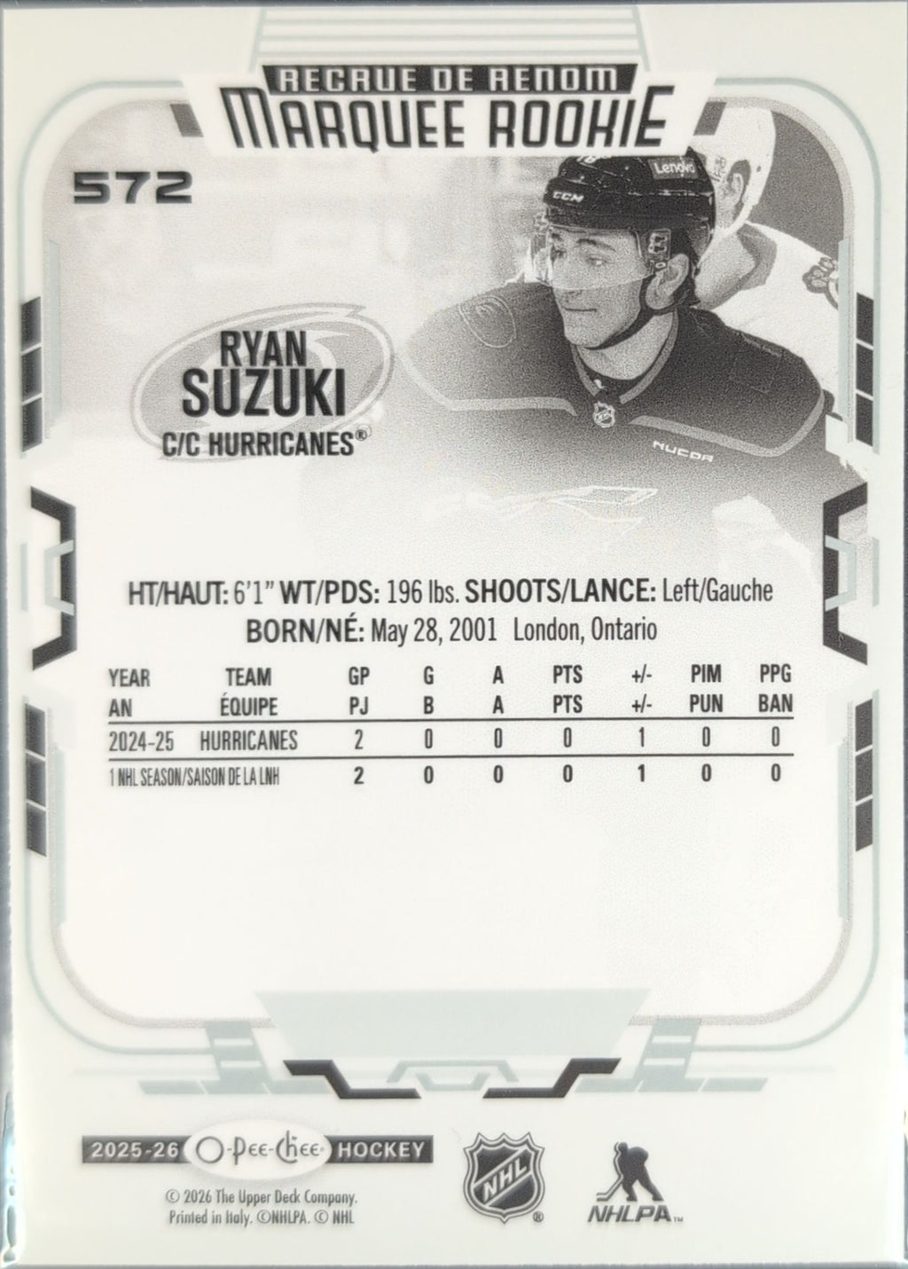 2025-26 O-Pee-Chee Ryan Suzuki #572 RC Carolina Hurricanes back