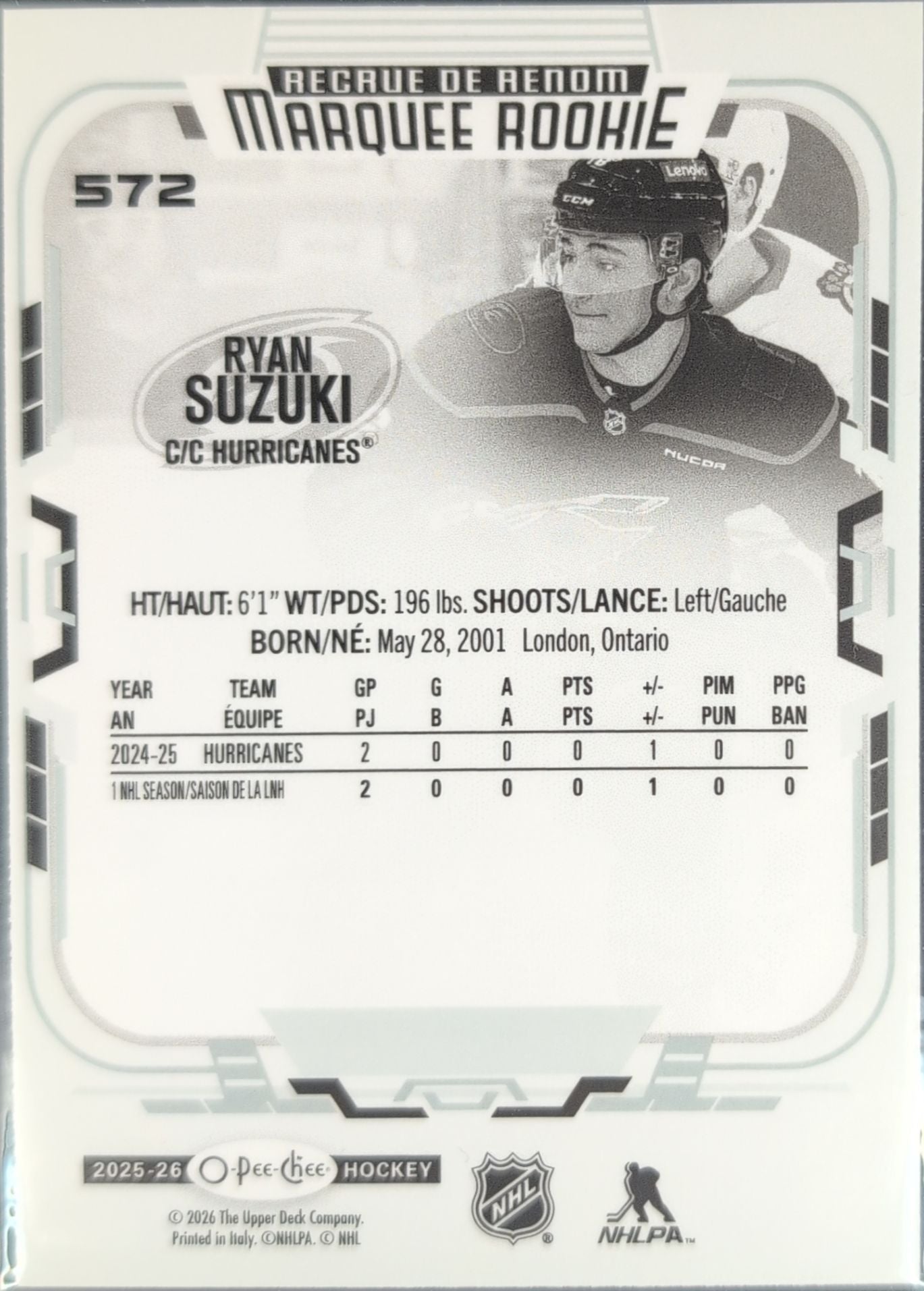 2025-26 O-Pee-Chee Ryan Suzuki #572 RC Carolina Hurricanes back